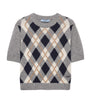 Grey Cashmere Argyle Short-Sleeve Sweater
