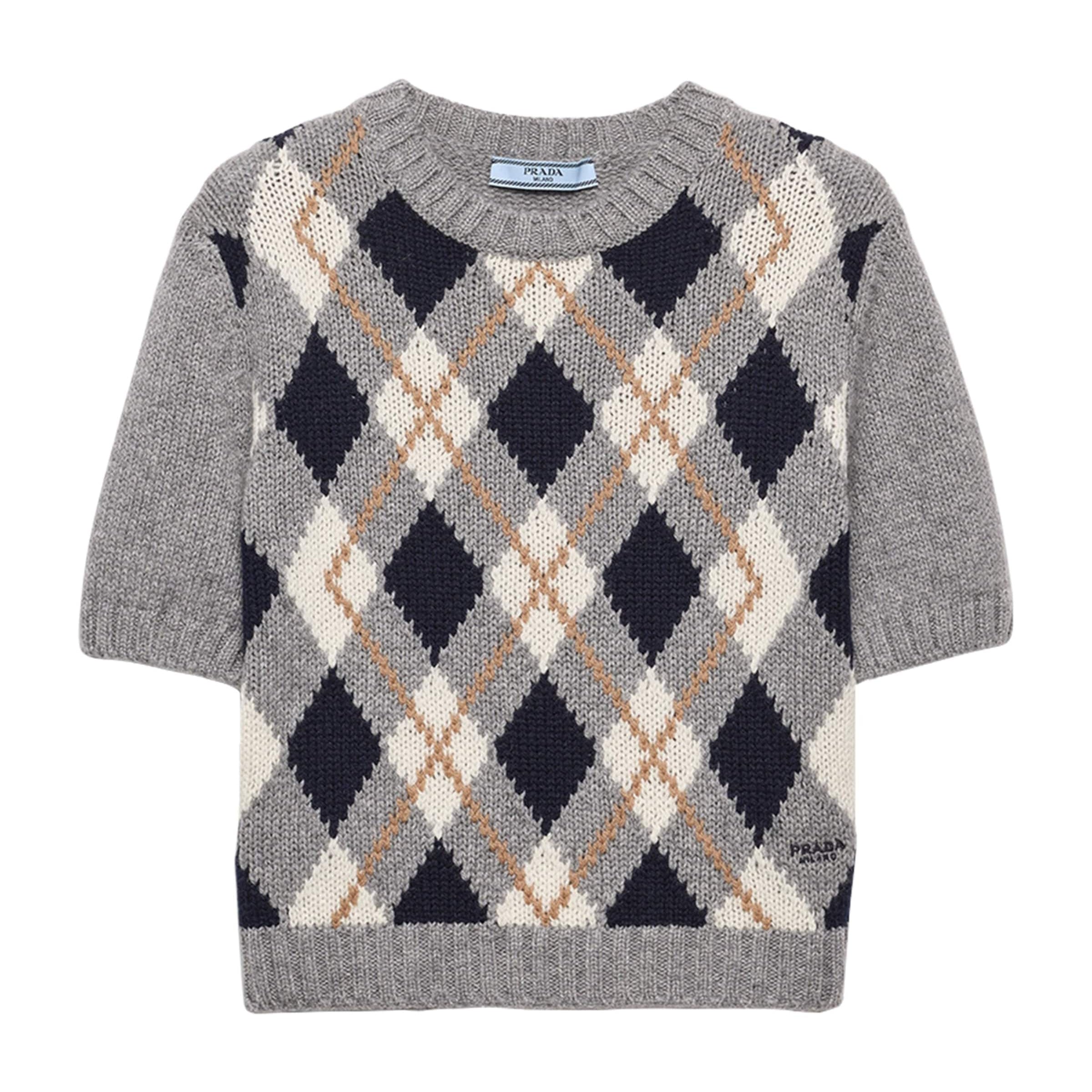 Grey Cashmere Argyle Short-Sleeve Sweater