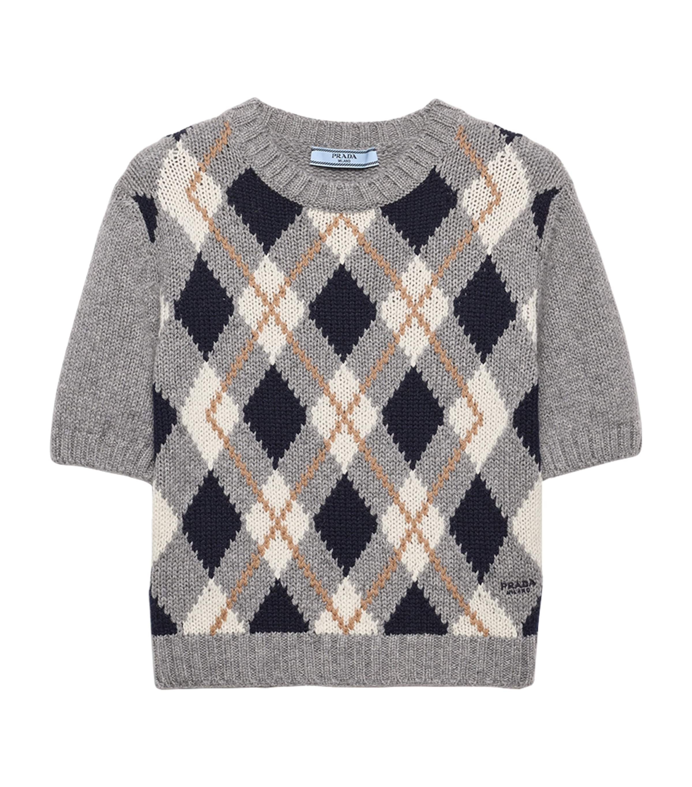 Grey Cashmere Argyle Short-Sleeve Sweater