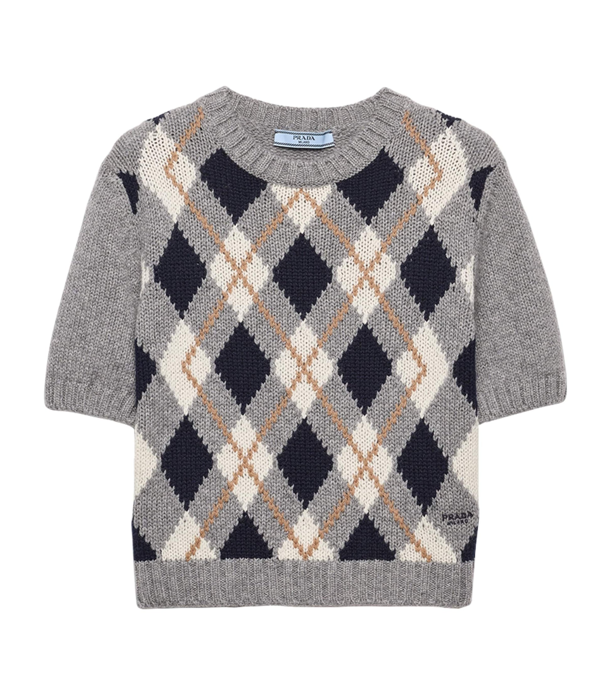 Grey Cashmere Argyle Short-Sleeve Sweater