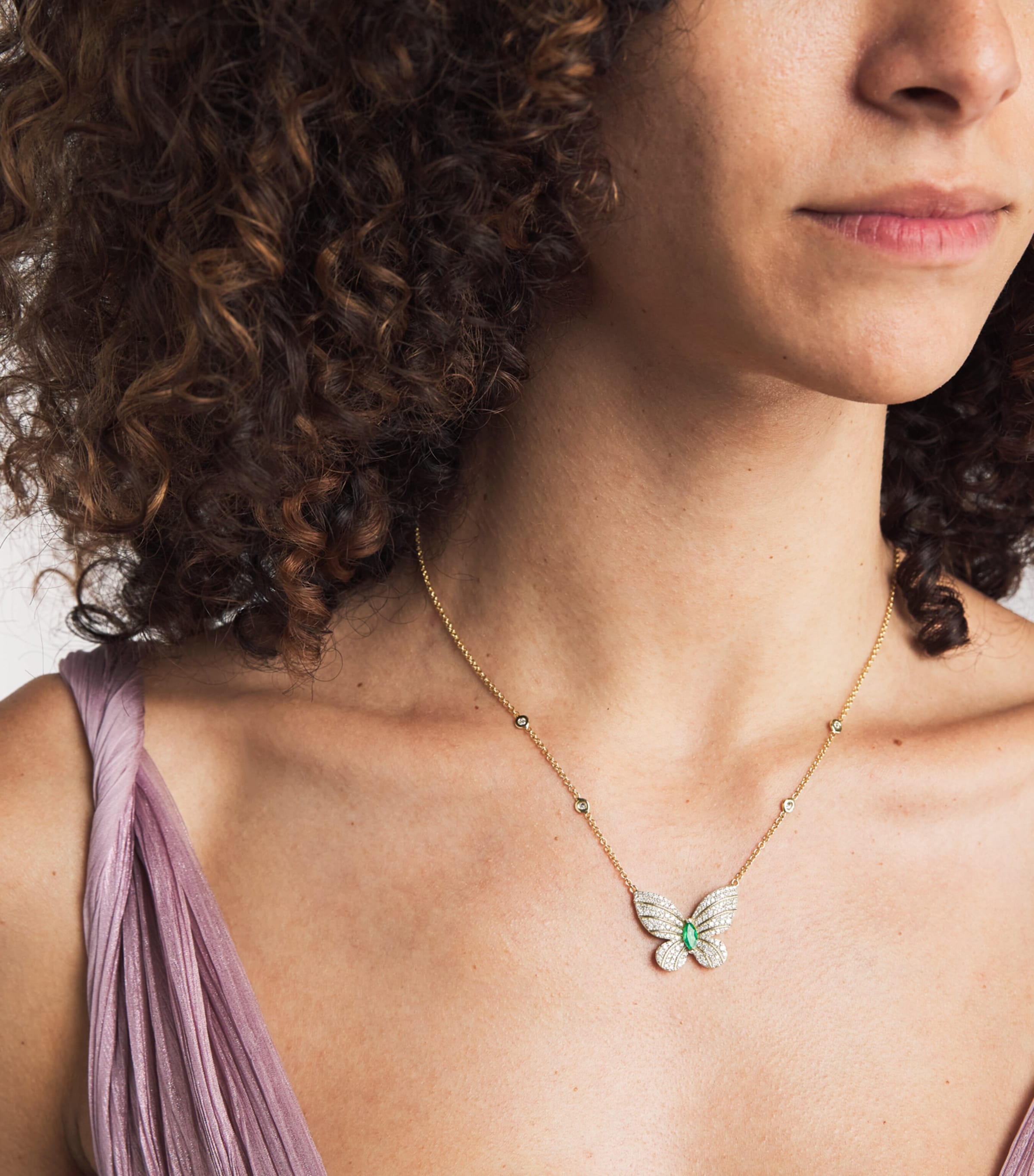 Yellow Gold, Diamond and Emerald Butterfly Necklace