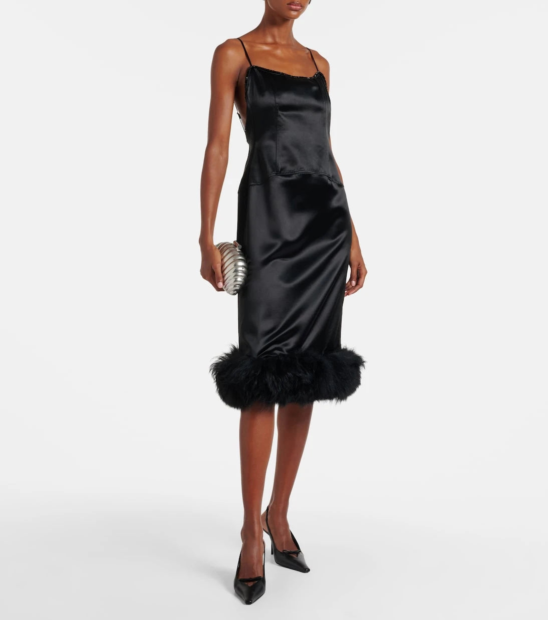 Jacques Wei - Shearling-trimmed satin slip dress