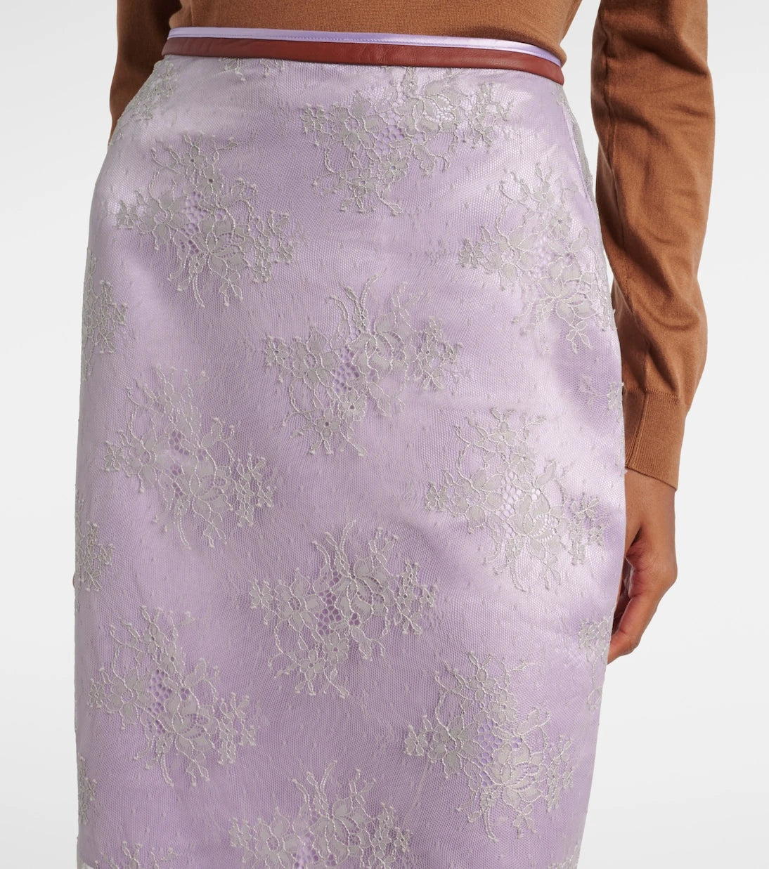 Jacques Wei - Embroidered leather-trimmed lace midi skirt