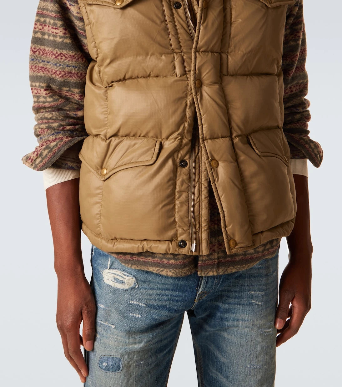 RRL - Leather-trimmed ripstop puffer vest