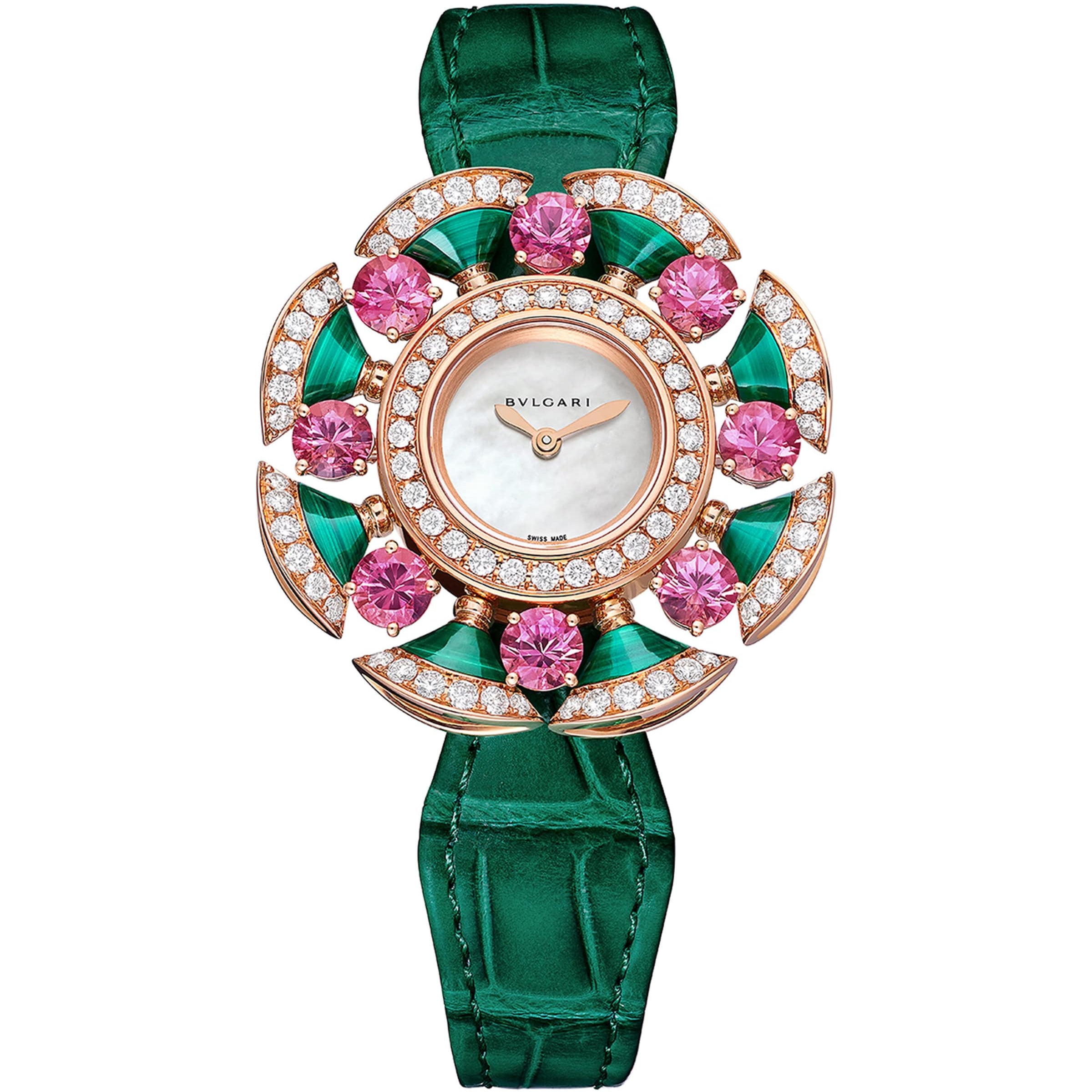 Rose Gold, Diamond, Tourmaline and Malachite Divas' Dream Cocktail Watch 33mm