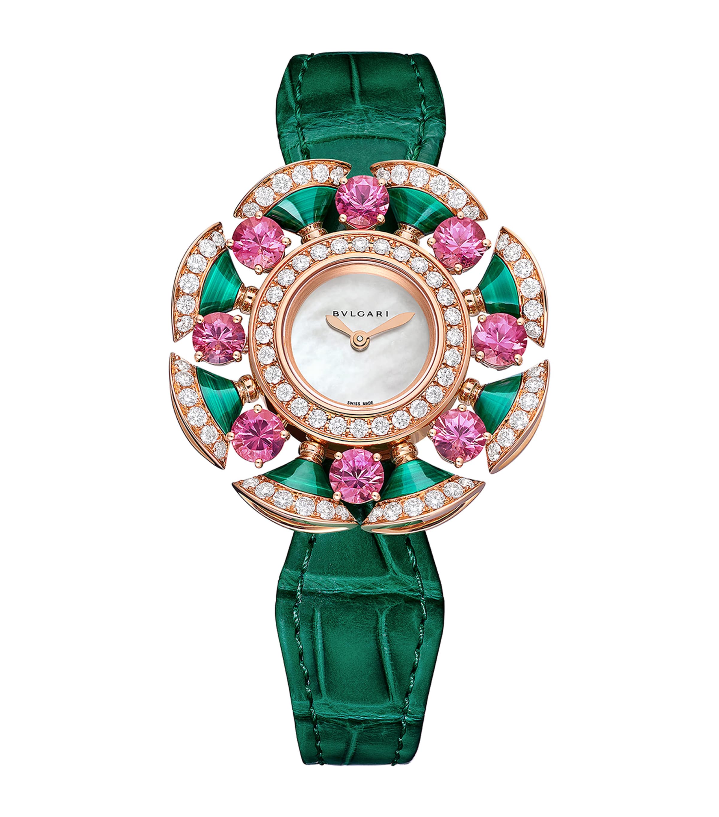 Rose Gold, Diamond, Tourmaline and Malachite Divas' Dream Cocktail Watch 33mm