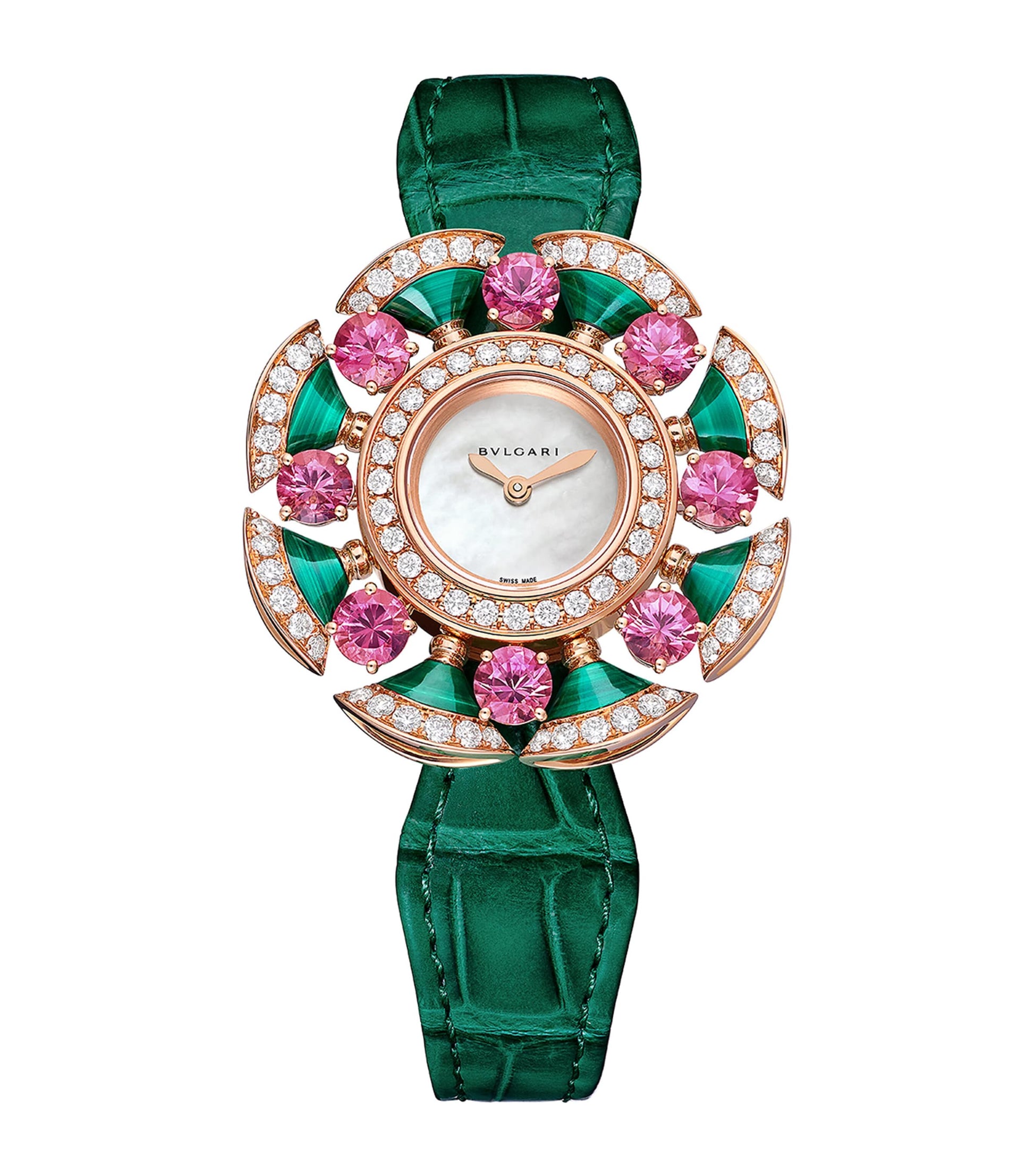 Rose Gold, Diamond, Tourmaline and Malachite Divas' Dream Cocktail Watch 33mm