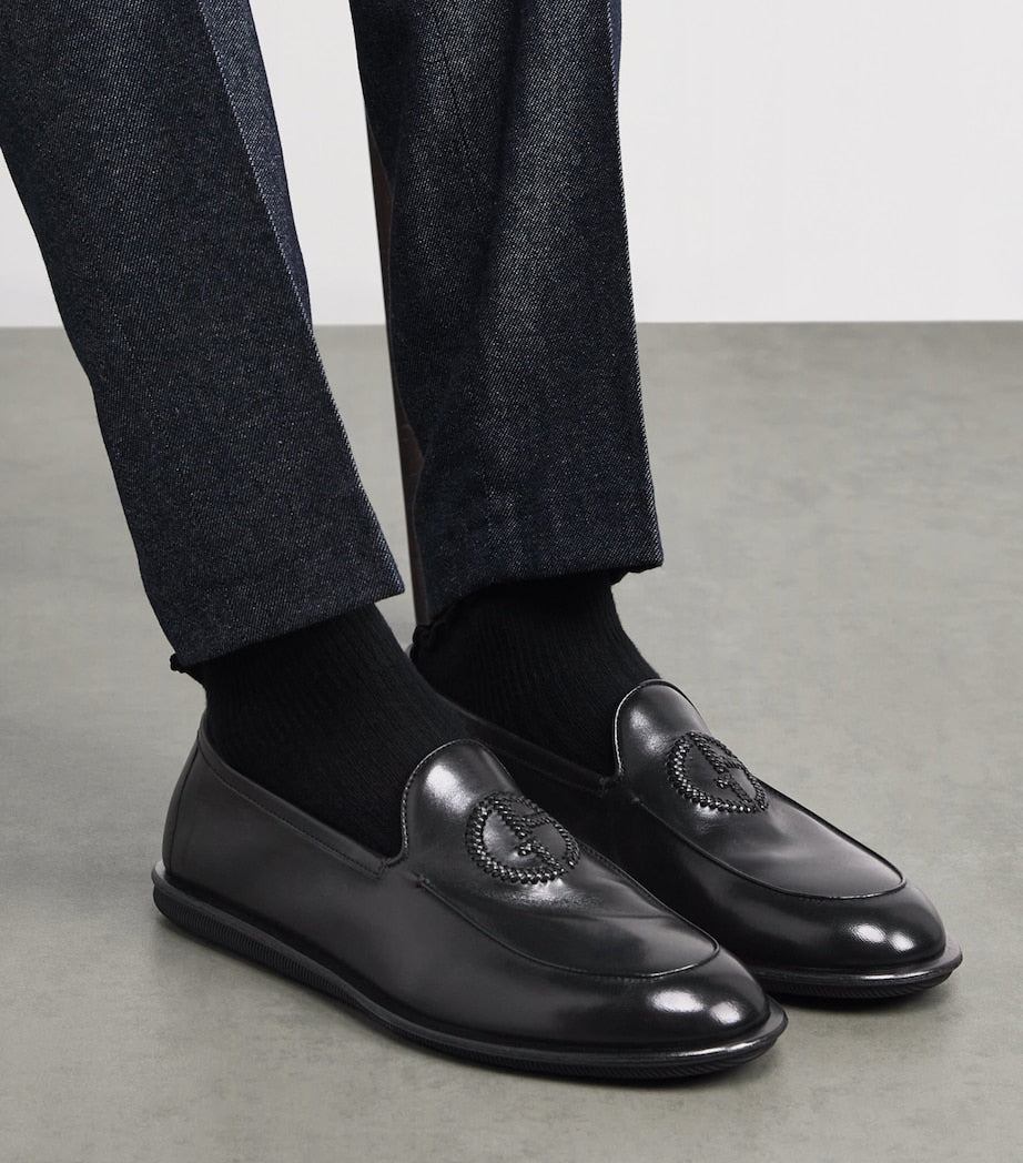 Giorgio Armani Leather Monogram-Embroidered Loafers