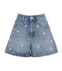 Blue Embellished Wide-Leg Denim Shorts