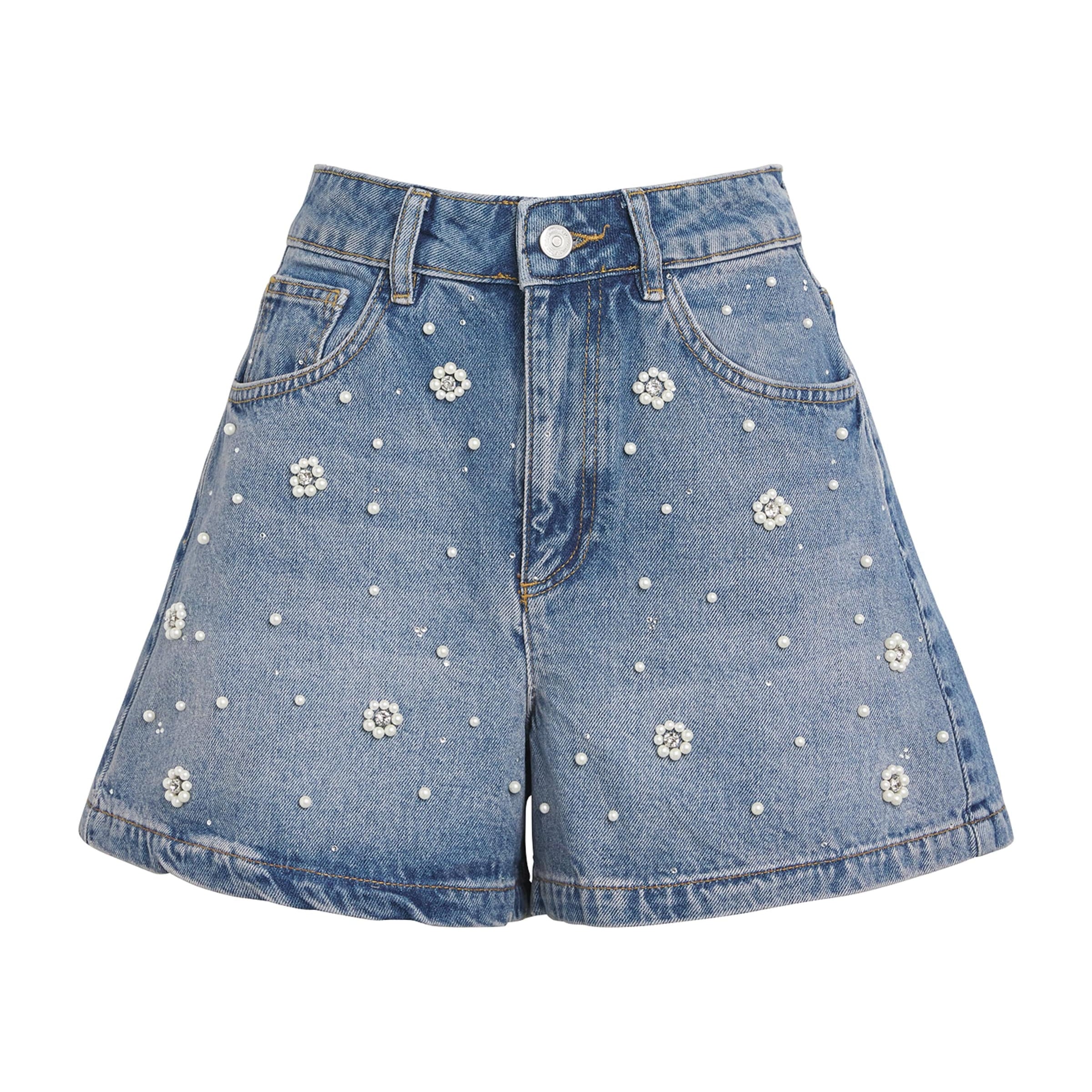 Blue Embellished Wide-Leg Denim Shorts