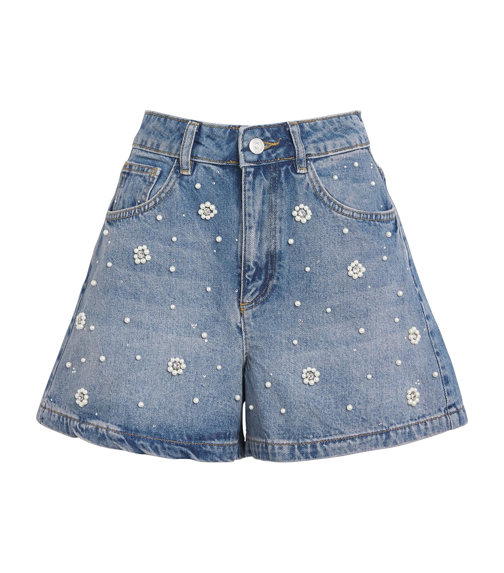Blue Embellished Wide-Leg Denim Shorts