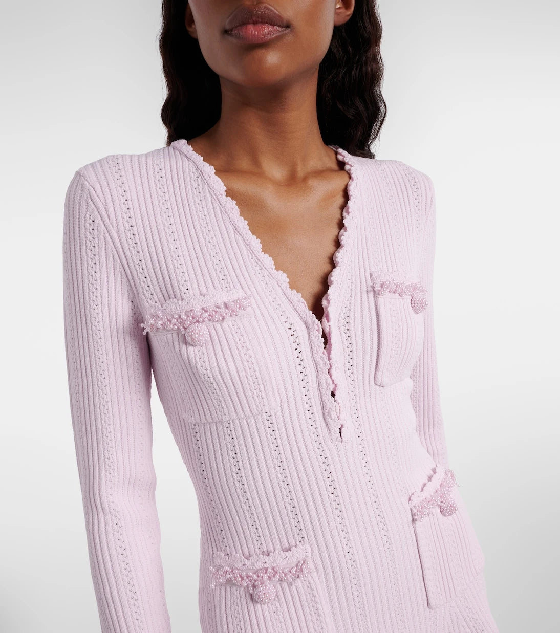 Self-Portrait - Beaded ribbed-knit minidress