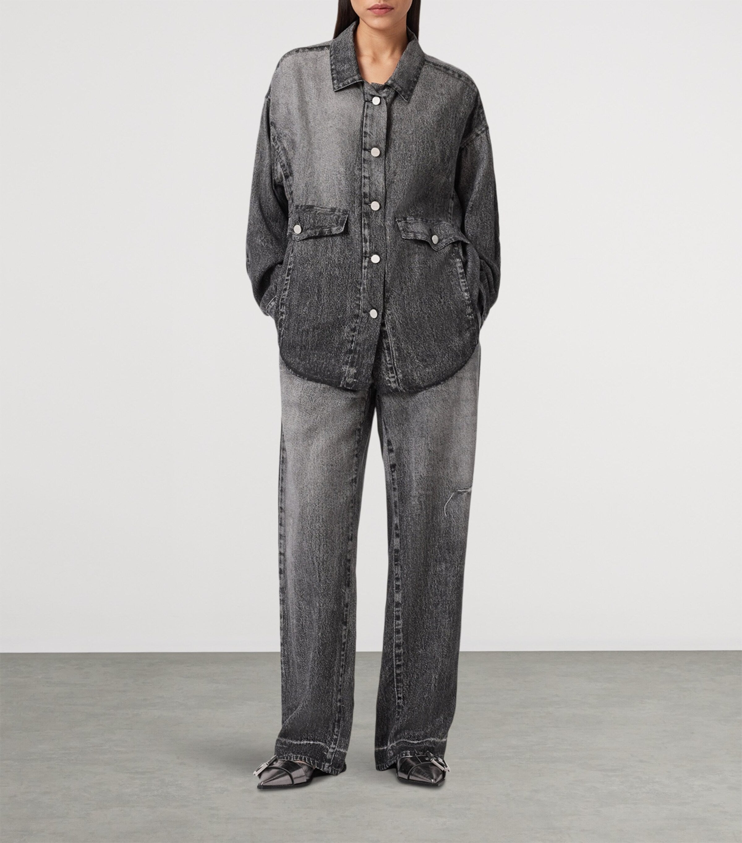 AllSaints Black Tyler Illusion Print Wide-Leg Trousers