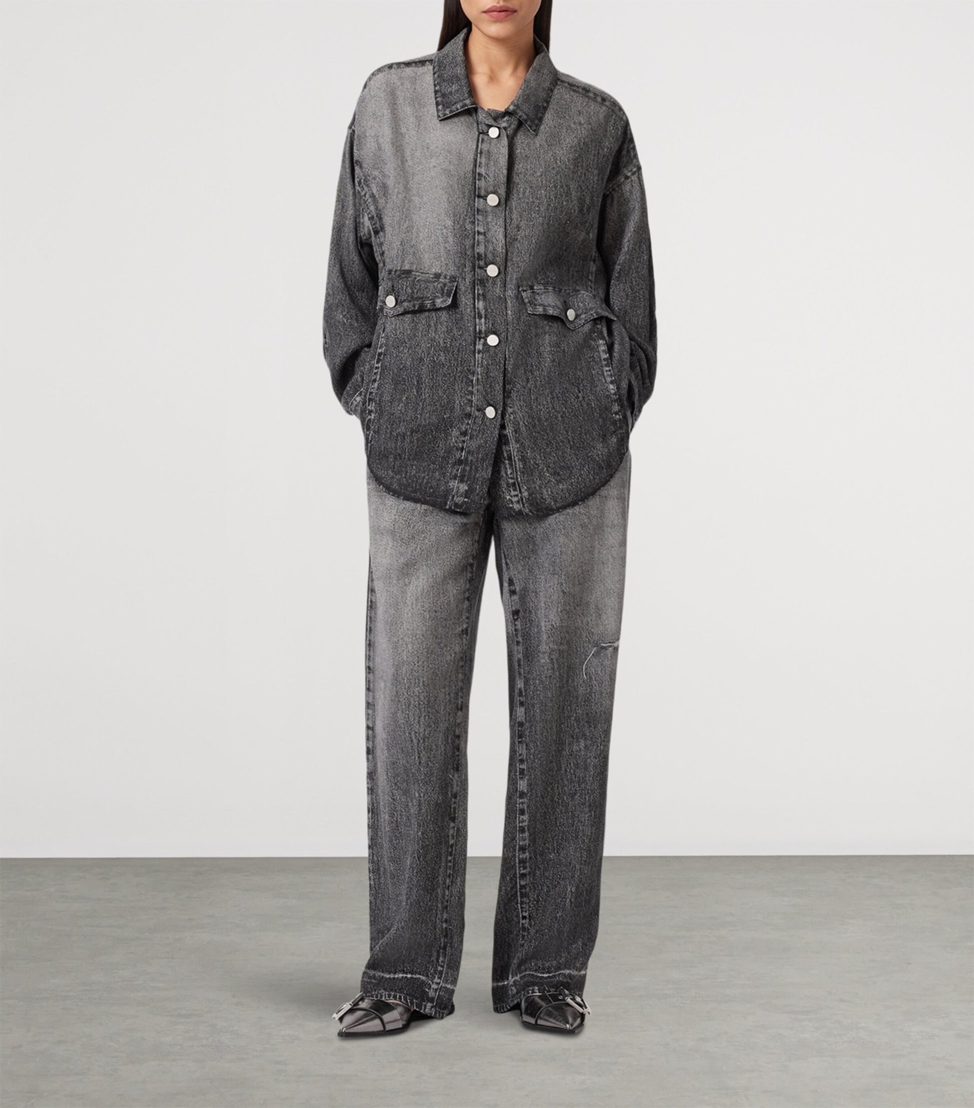 AllSaints Black Tyler Illusion Print Wide-Leg Trousers