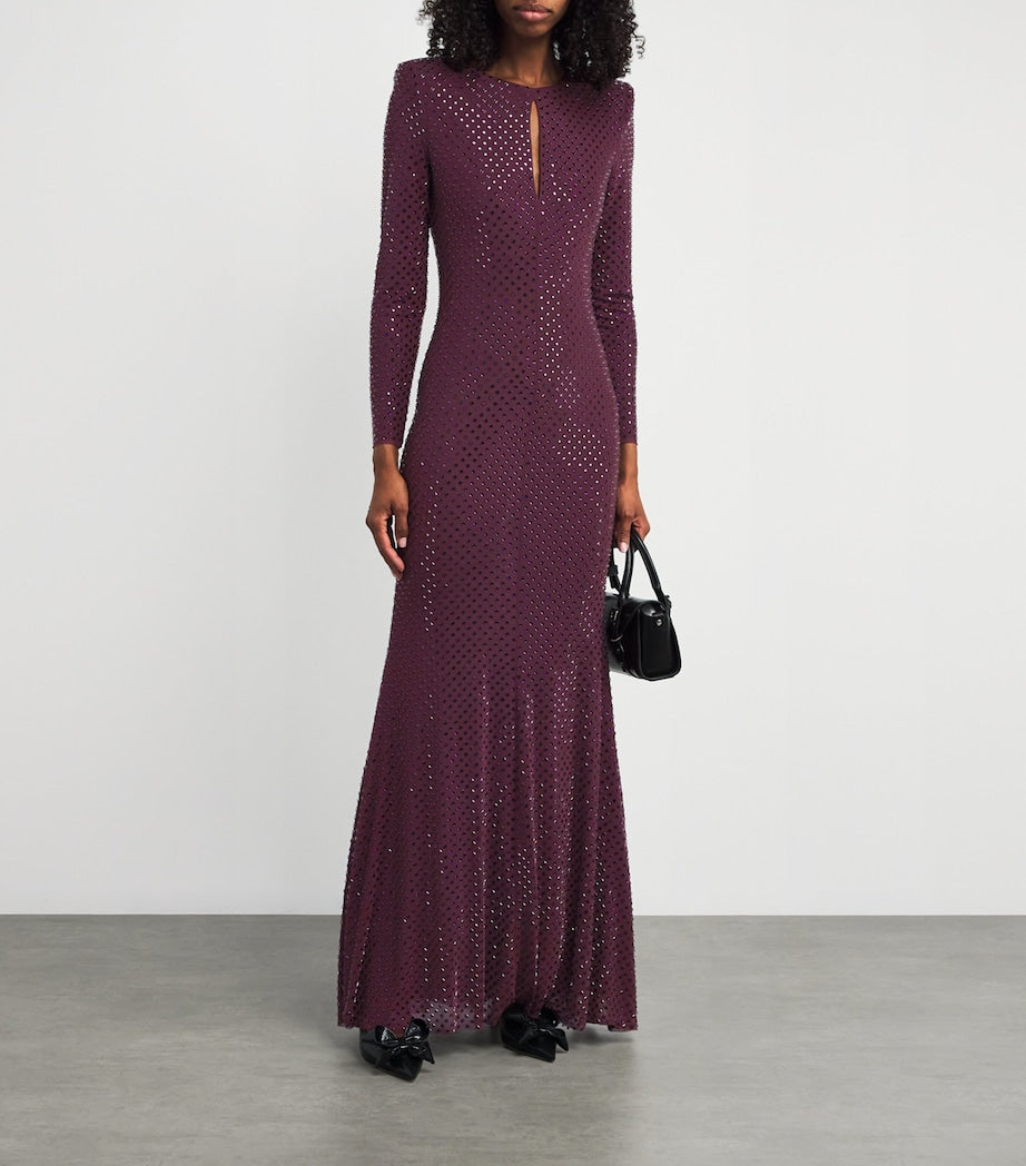 Self-Portrait Burgundy Crystal Long-Sleeve Maxi Dress