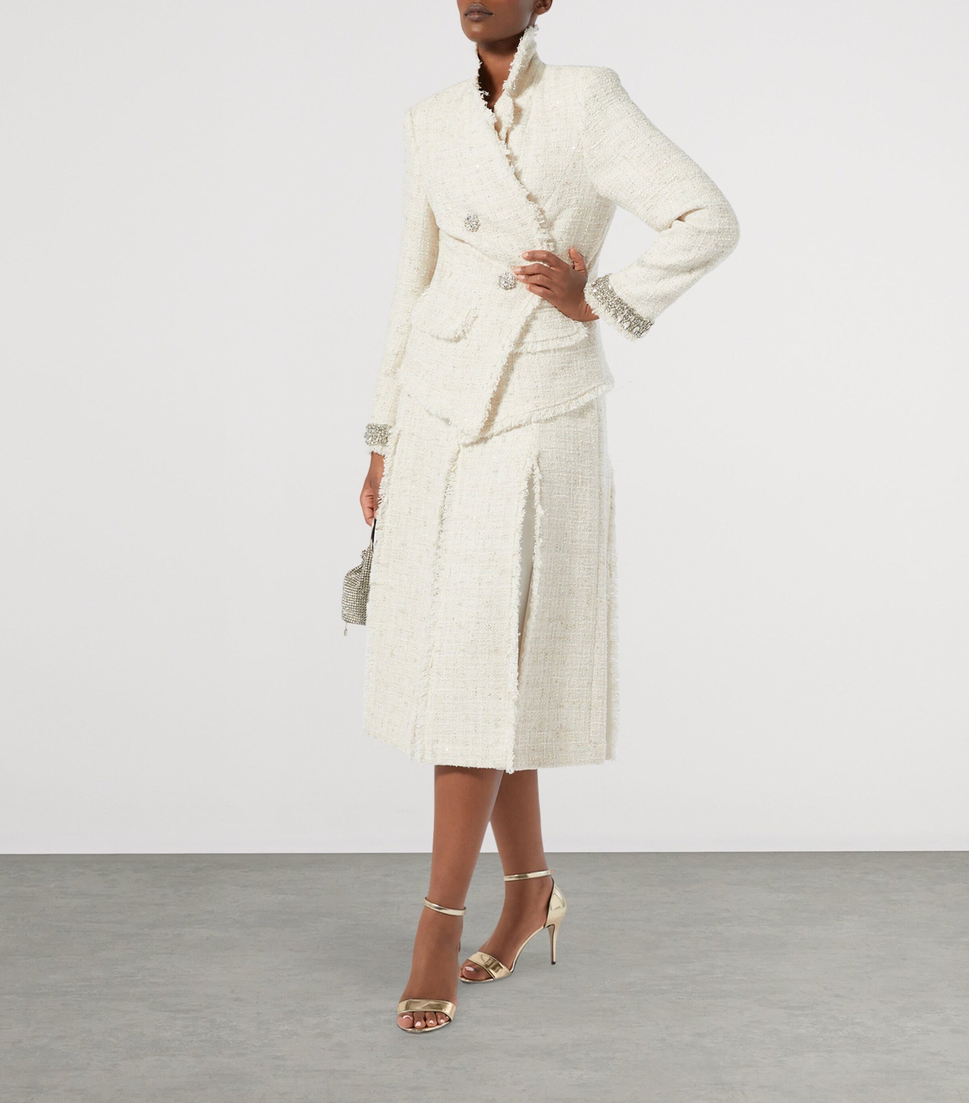 Marina Rinaldi White Tweed Pleated Midi Skirt