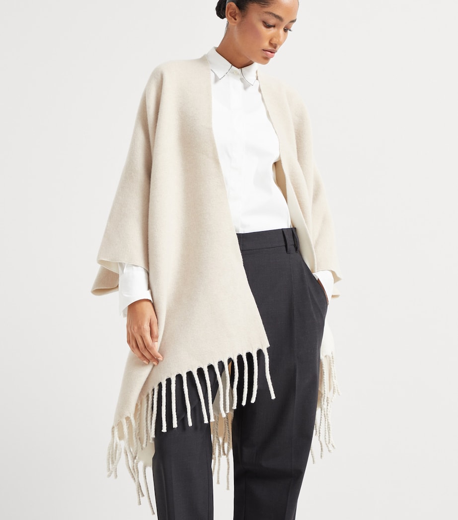 Brunello Cucinelli White Wool-Cashmere Reversible Poncho