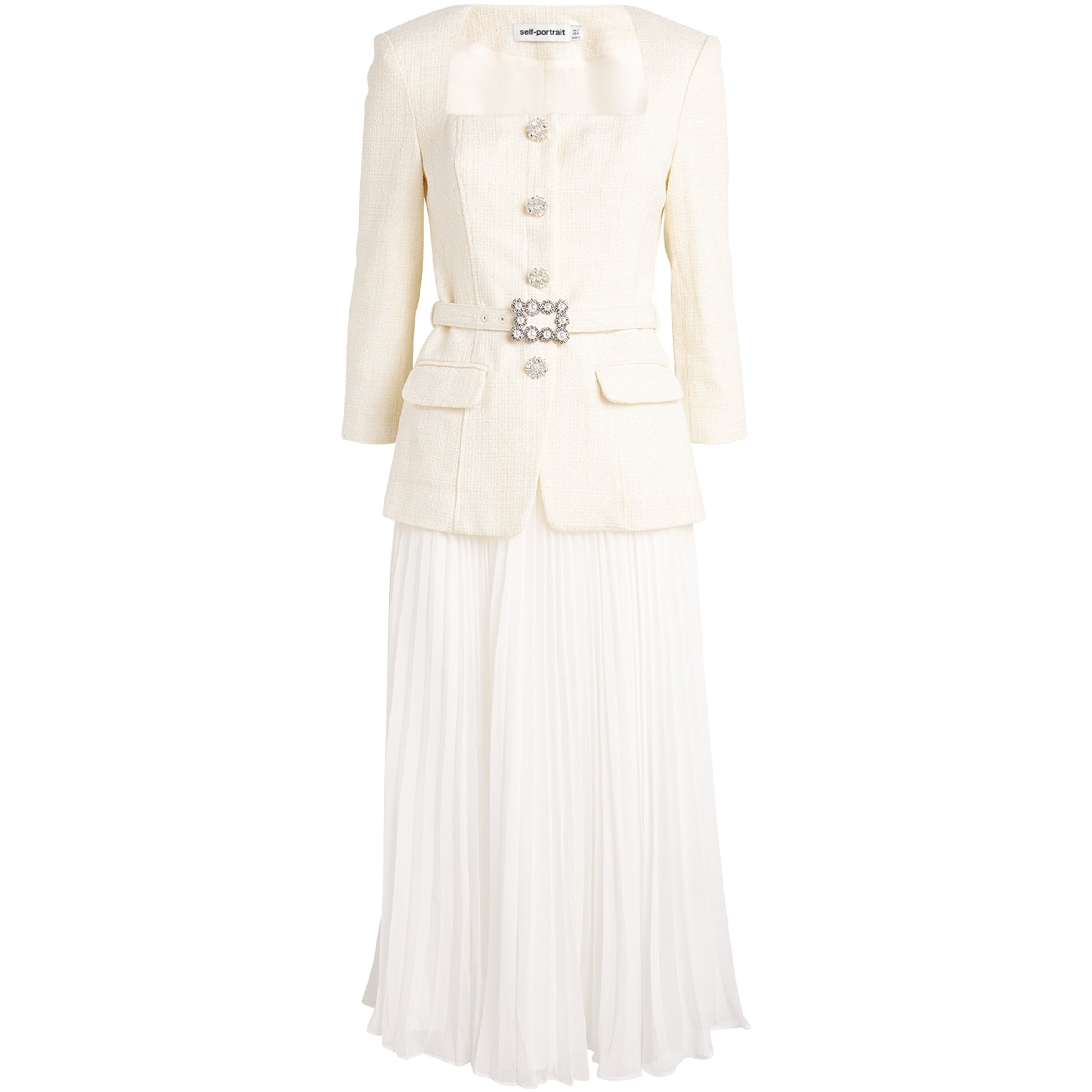 Self-Portrait Ivory Bouclé Long-Sleeve Midi Dress