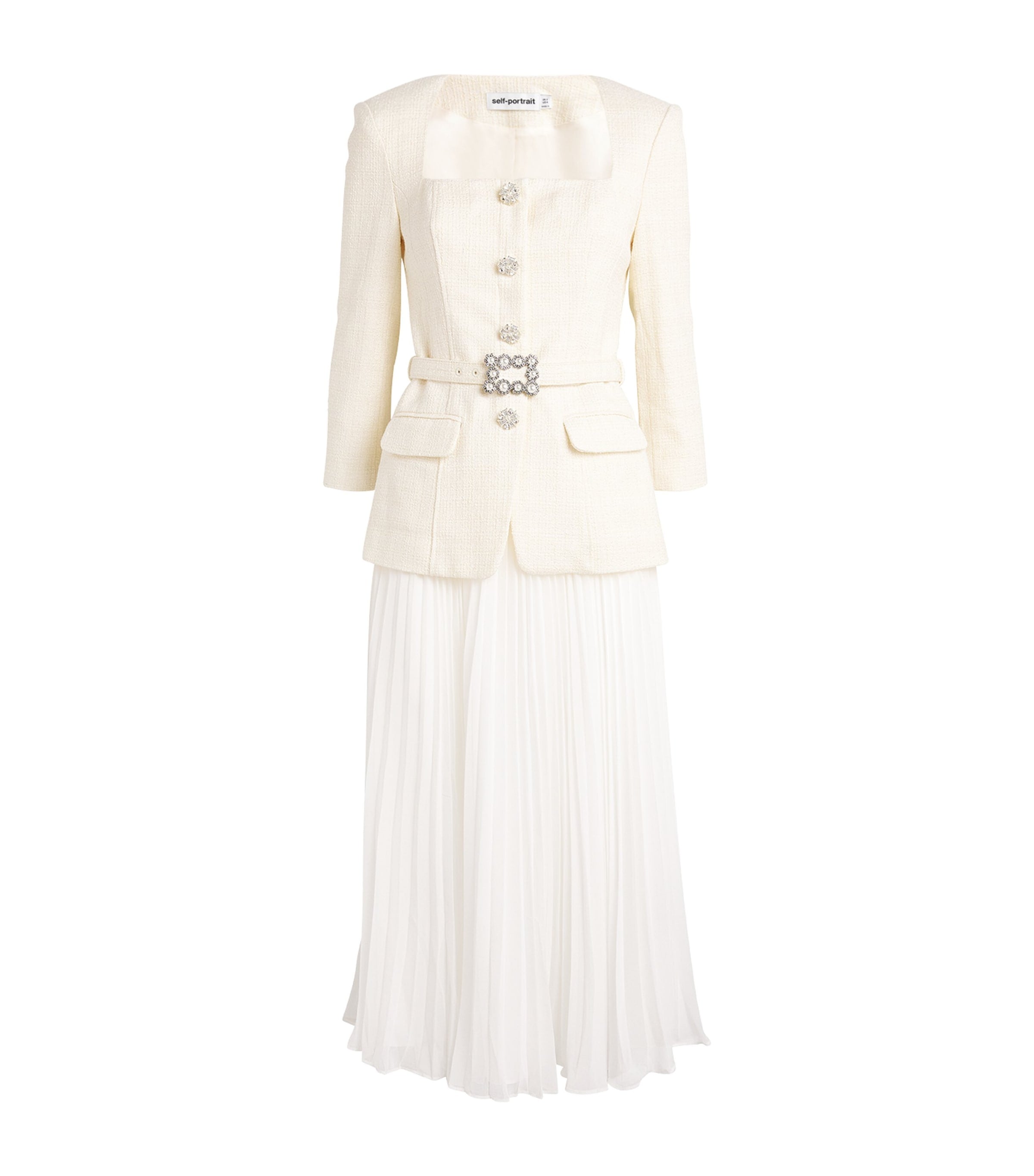 Self-Portrait Ivory Bouclé Long-Sleeve Midi Dress