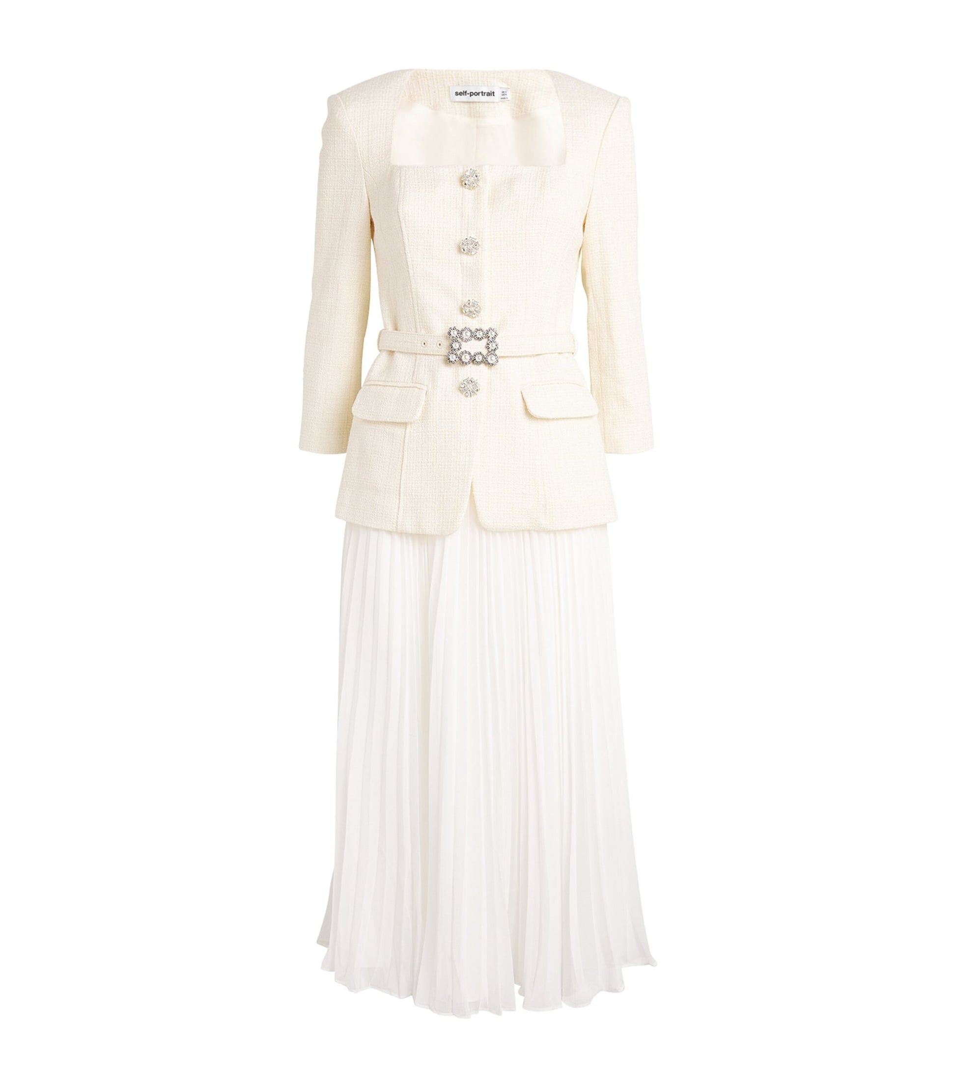 Self-Portrait Ivory Bouclé Long-Sleeve Midi Dress
