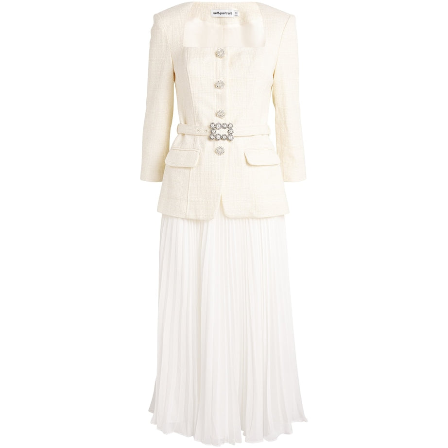 Self-Portrait Ivory Bouclé Long-Sleeve Midi Dress