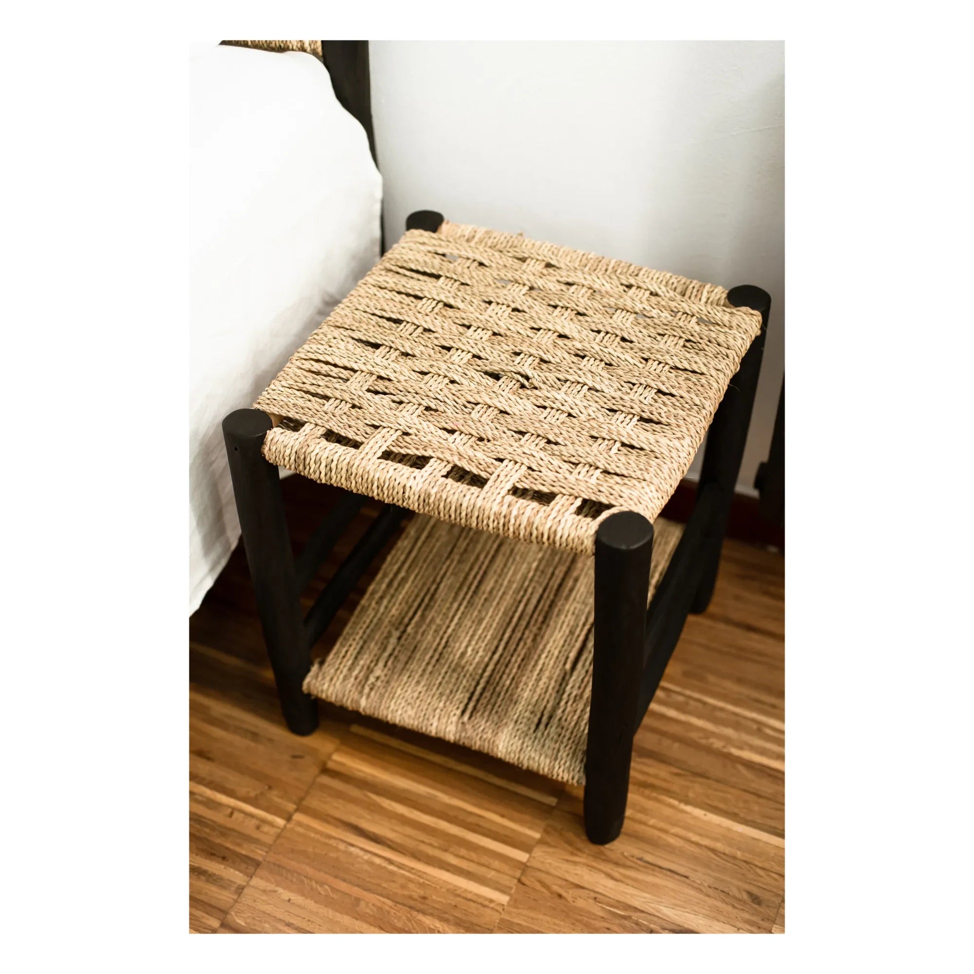Cosydar - Palm Leaf and Painted Wood Bedside Table | Black