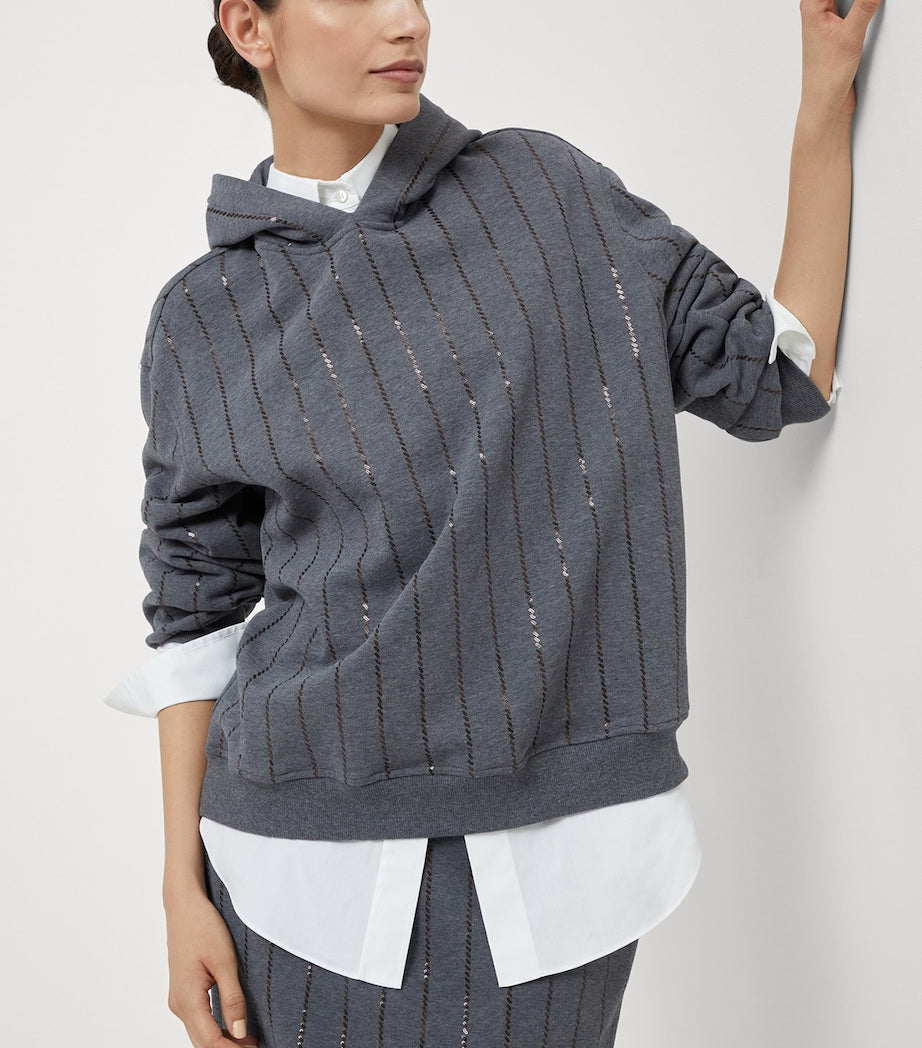 Grey Cotton Sequin-Stripe Hoodie