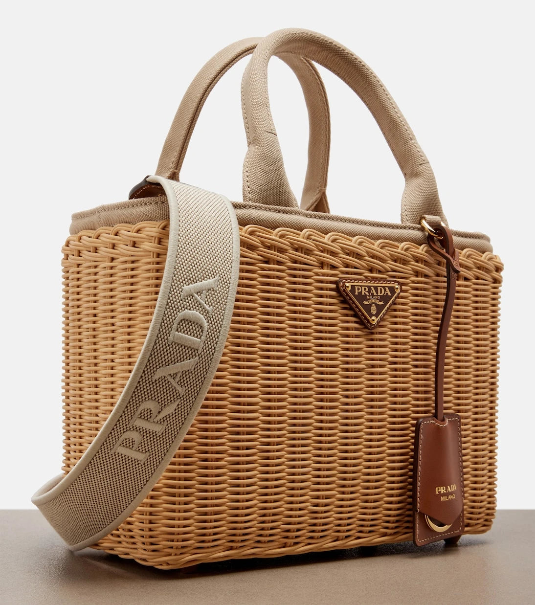 Prada - Medium wicker and canvas tote bag