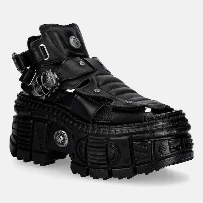 New Rock kadın deri sandalet ITALI NEGRO, TANK CASCO NEGRO PIN LATERA
