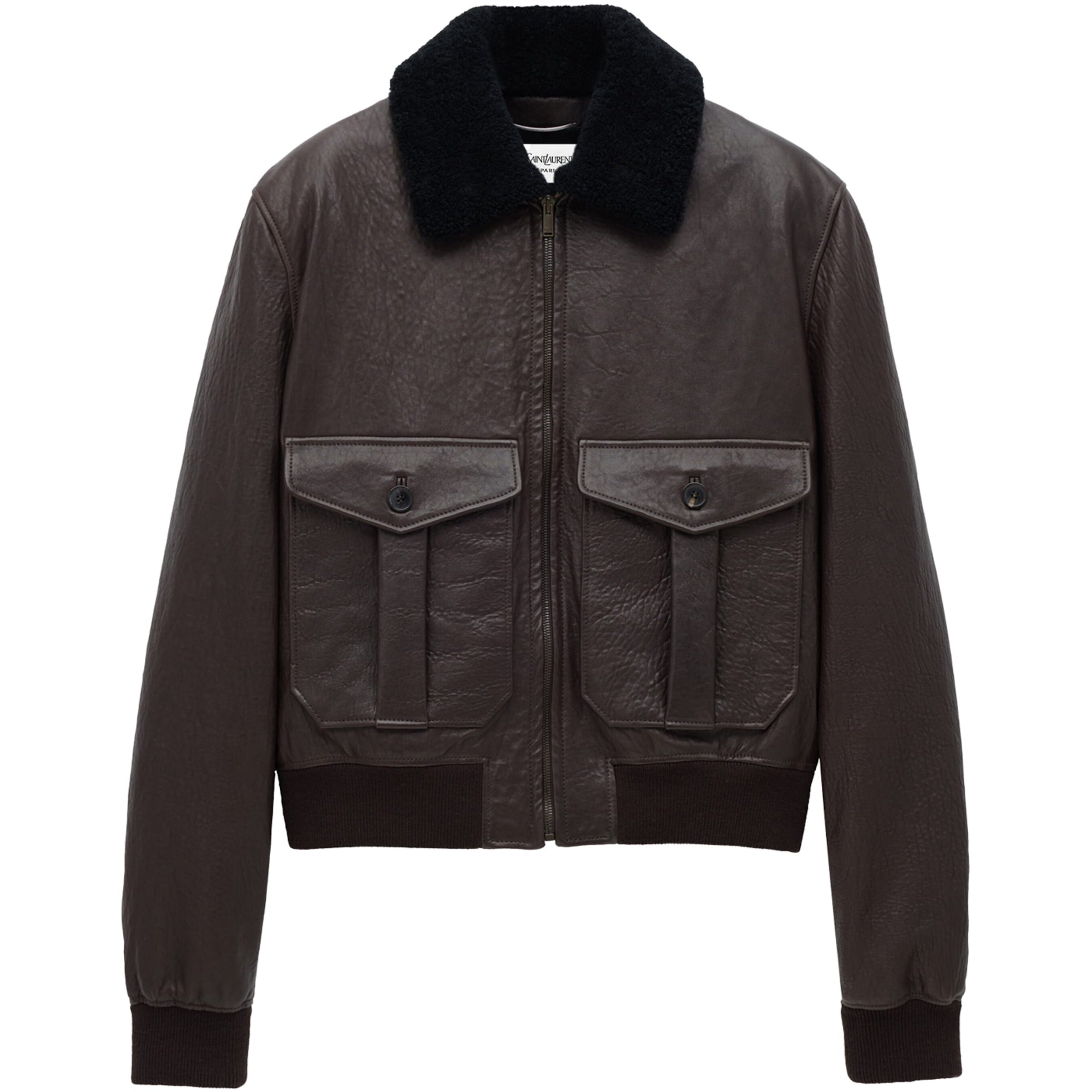Saint Laurent Brown Shearling-Collar Leather Jacket