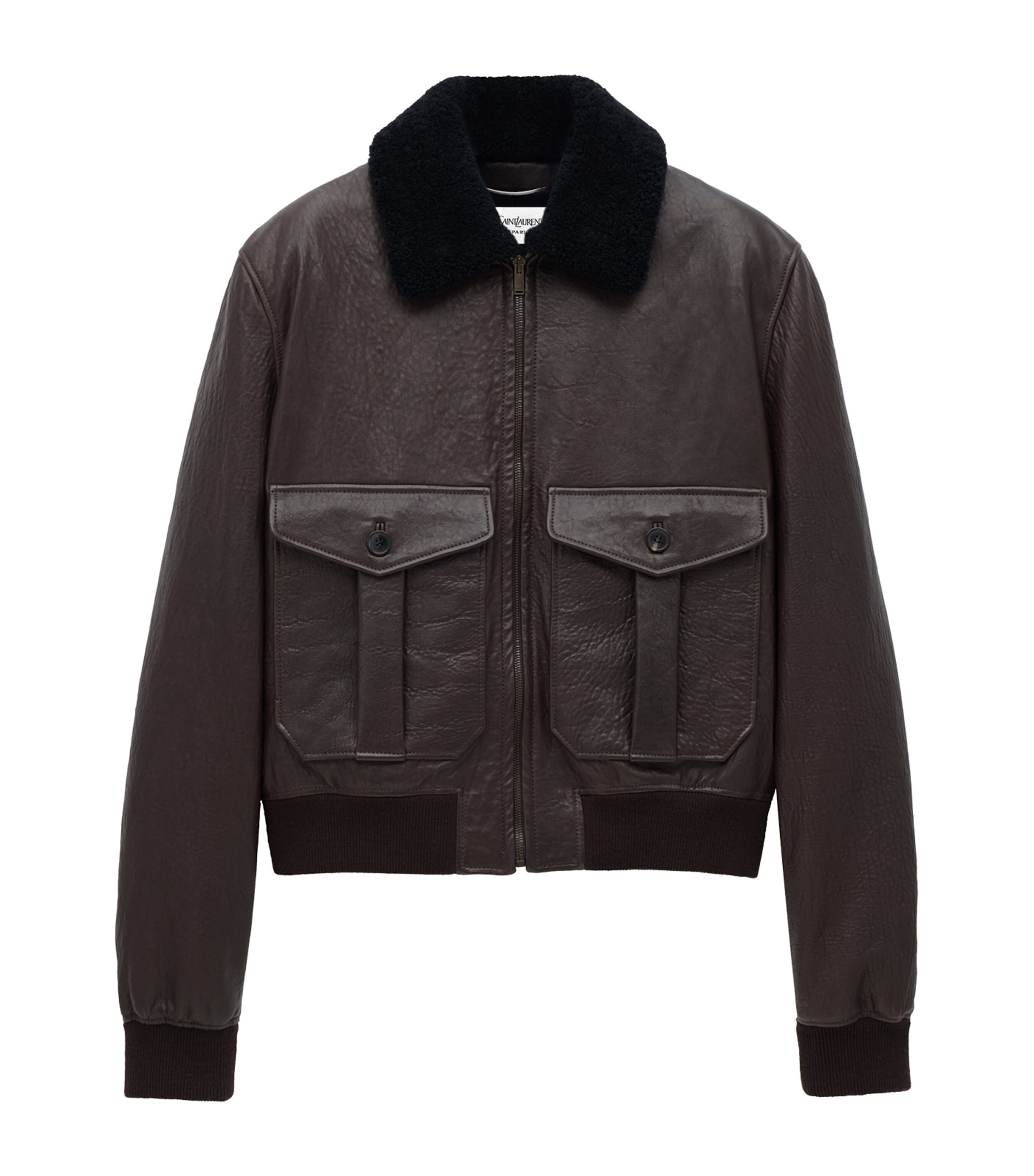 Saint Laurent Brown Shearling-Collar Leather Jacket