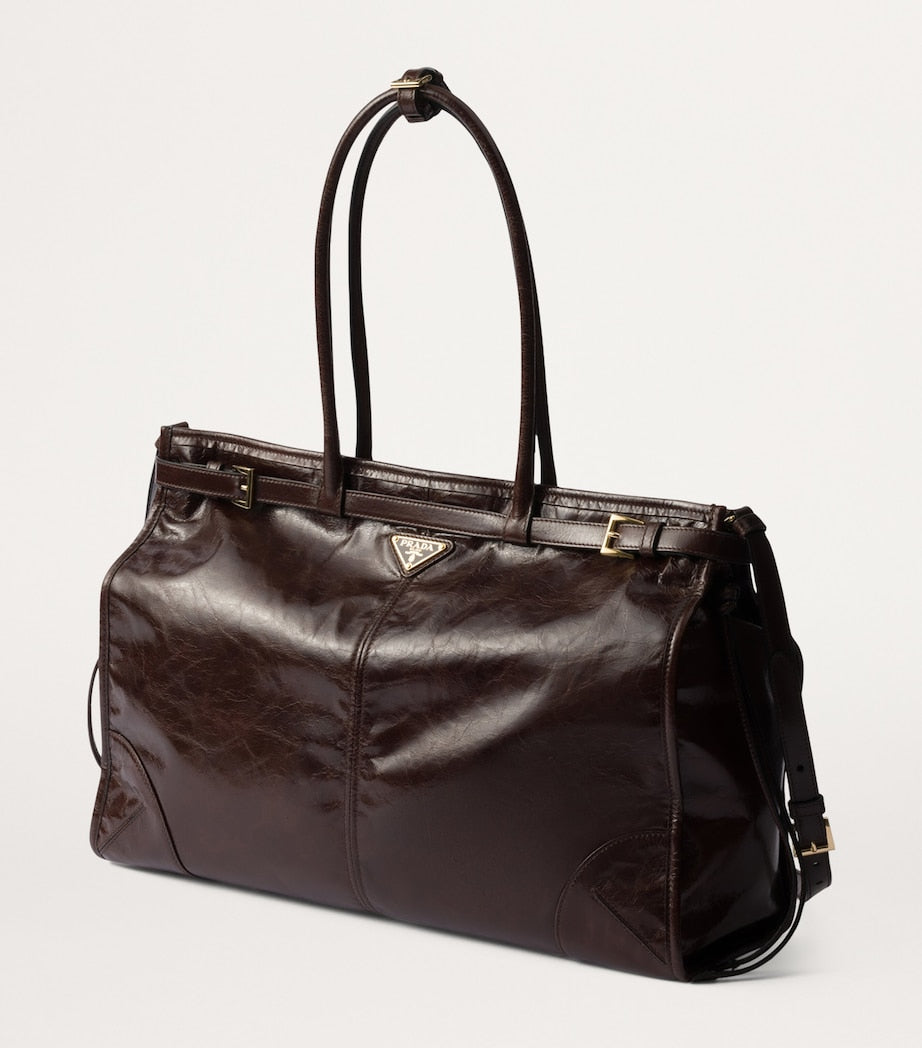 Prada Brown Large Leather Buckle Tote Bag