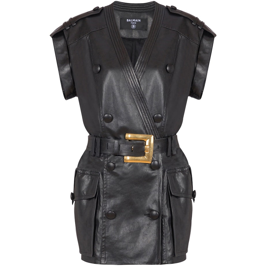Balmain Black Leather Belted Mini Dress