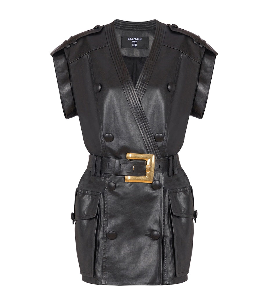 Balmain Black Leather Belted Mini Dress