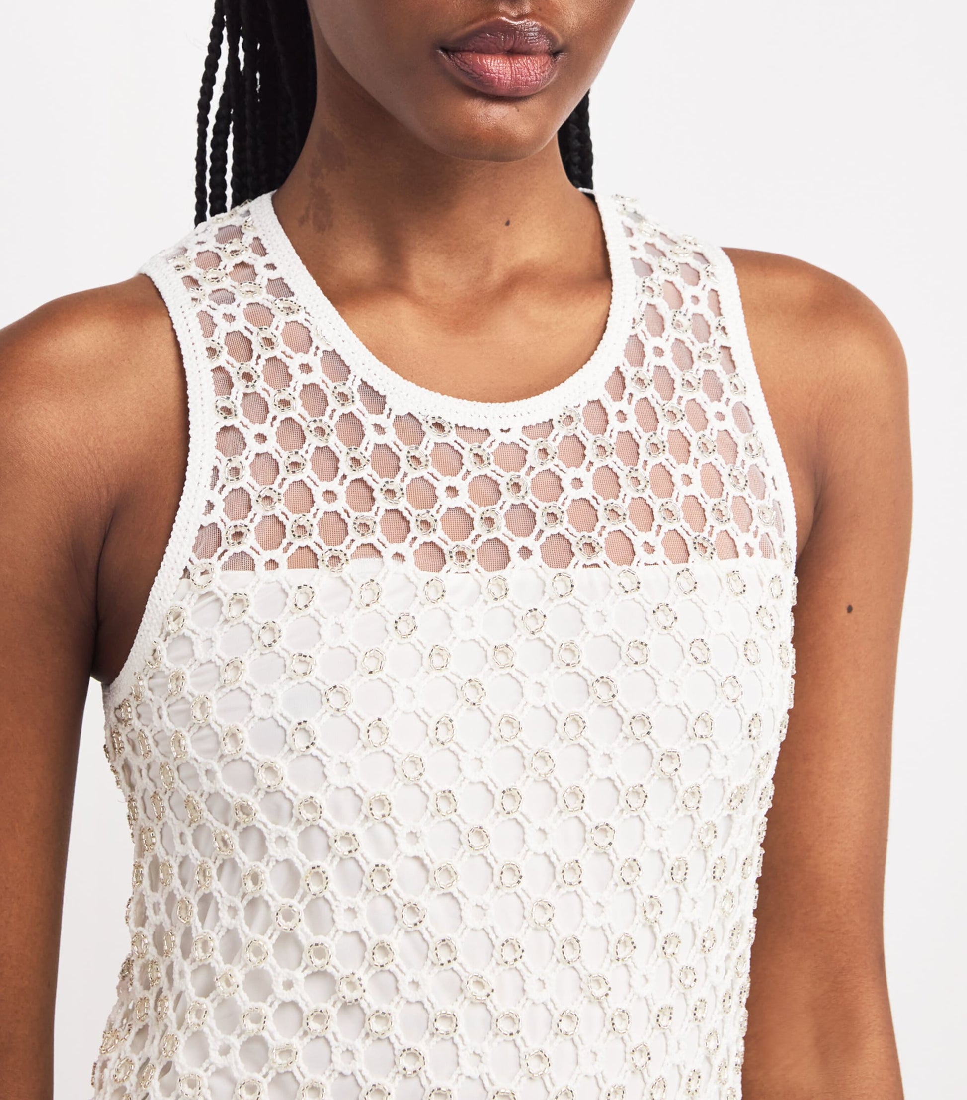 White Crochet Beaded Midi Dress