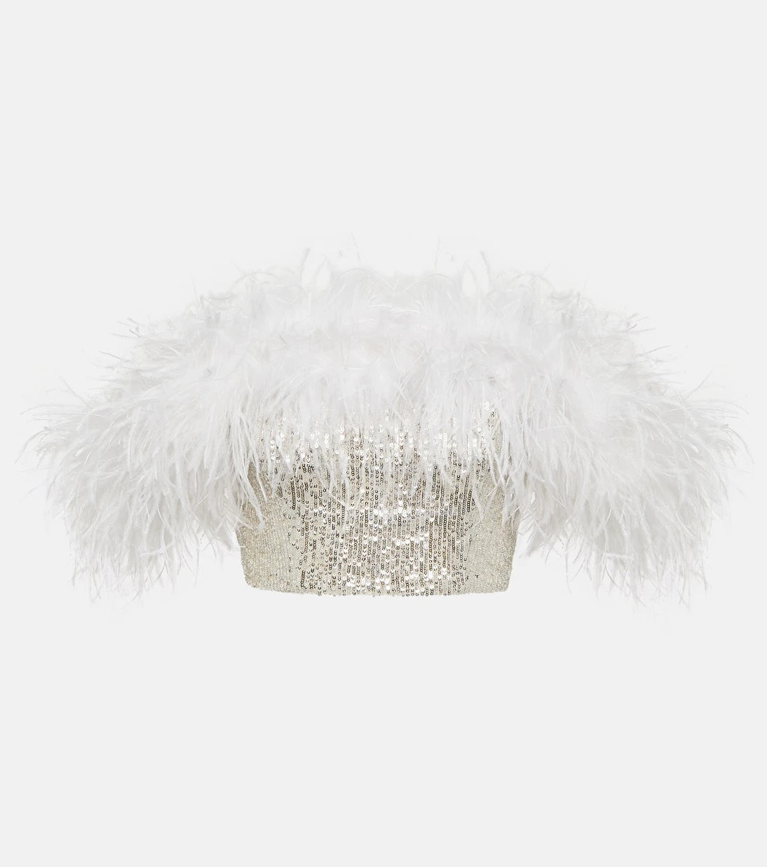 Self-Portrait - Sequined feather-trimmed crop top