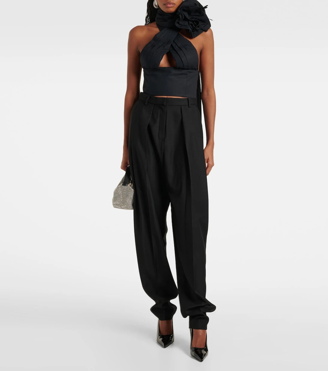 Area - Floral-appliqué halterneck cotton poplin top