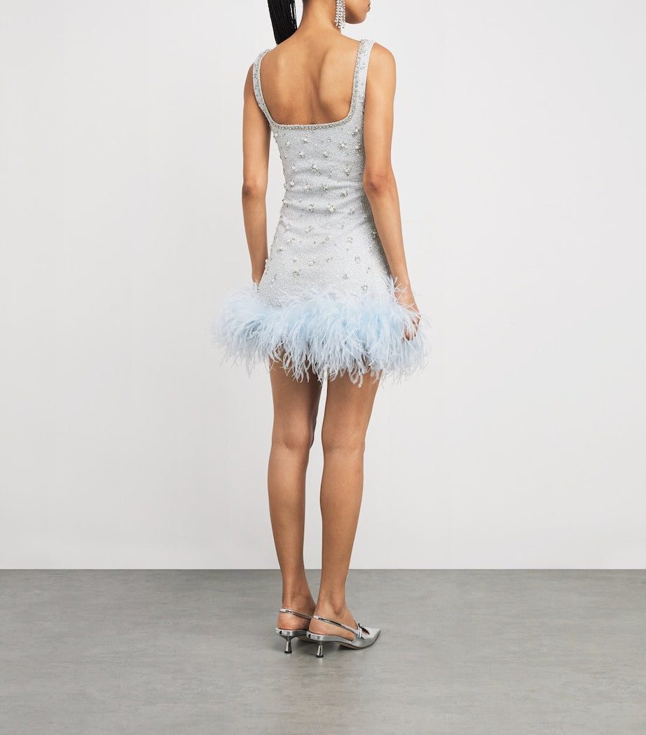 Clio Peppiatt Blue Feather-Trim Mini Dress