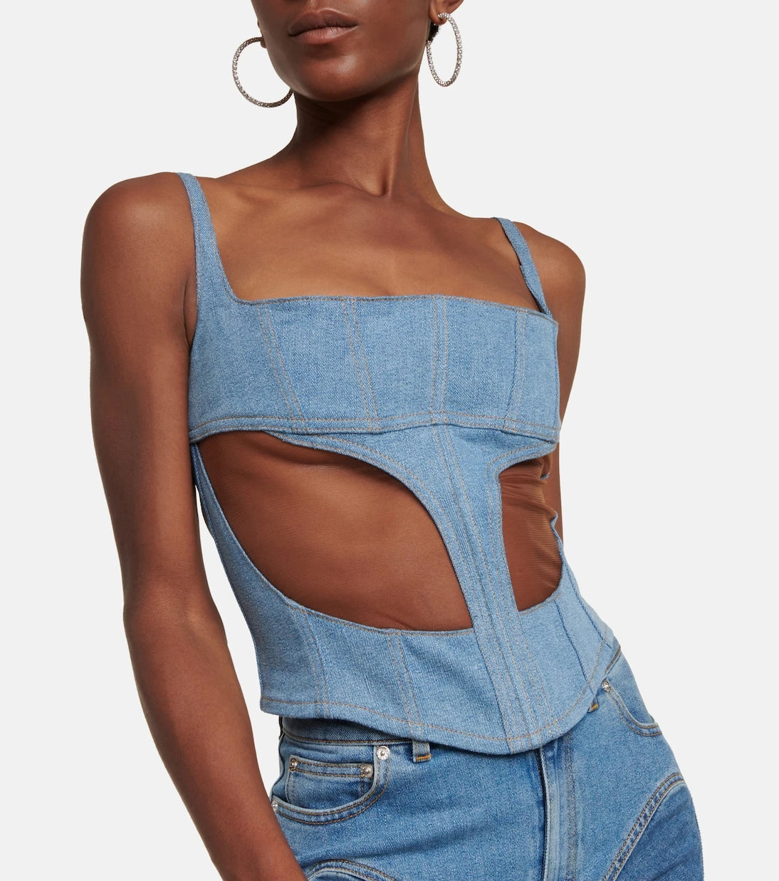 Mugler - Denim and mesh corset top