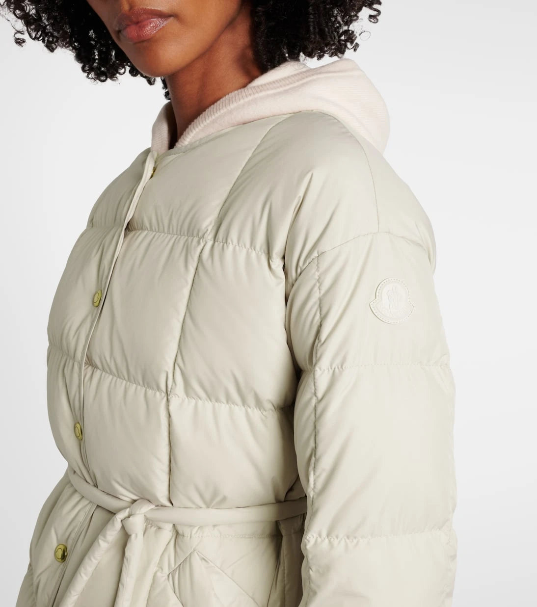 Moncler - Belted leather-trimmed down jacket