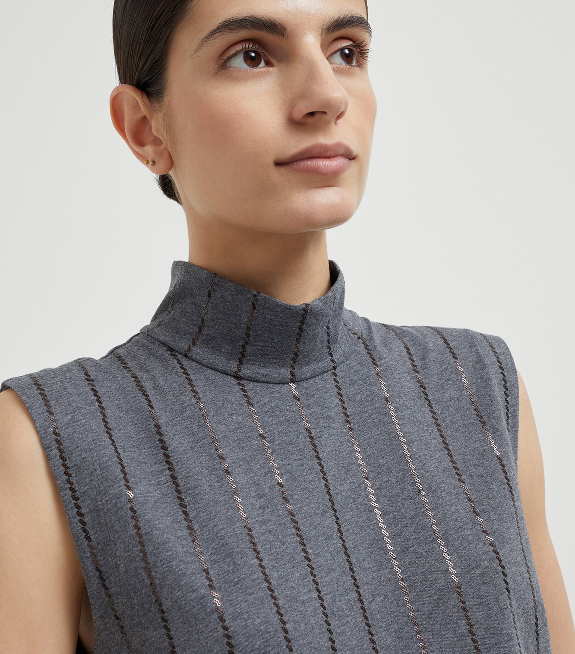 Brunello Cucinelli Grey Cotton Sequin-Stripe Sleeveless Top