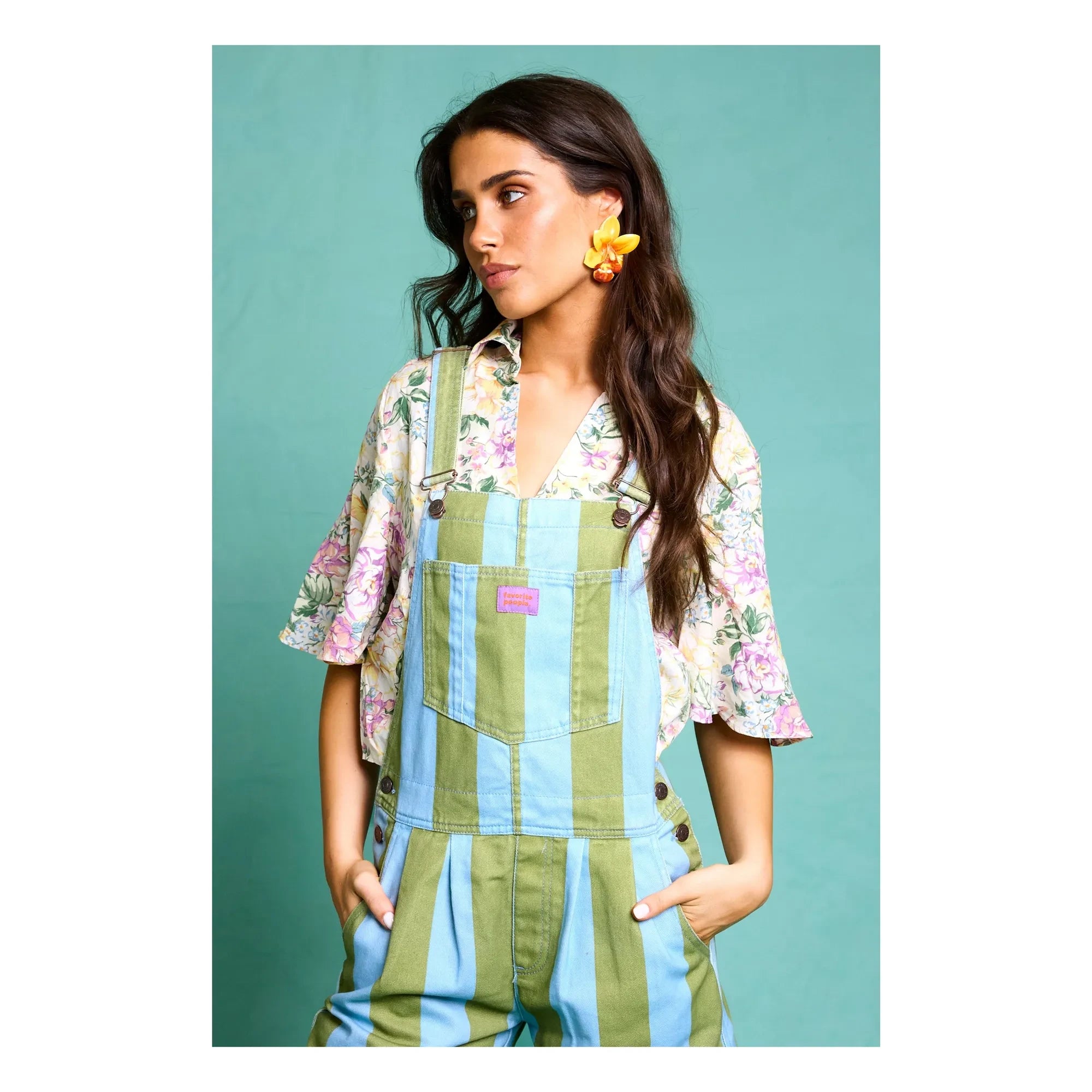 Favorite People - Ravioli Striped Short Dungarees - Women's Collection | Olive