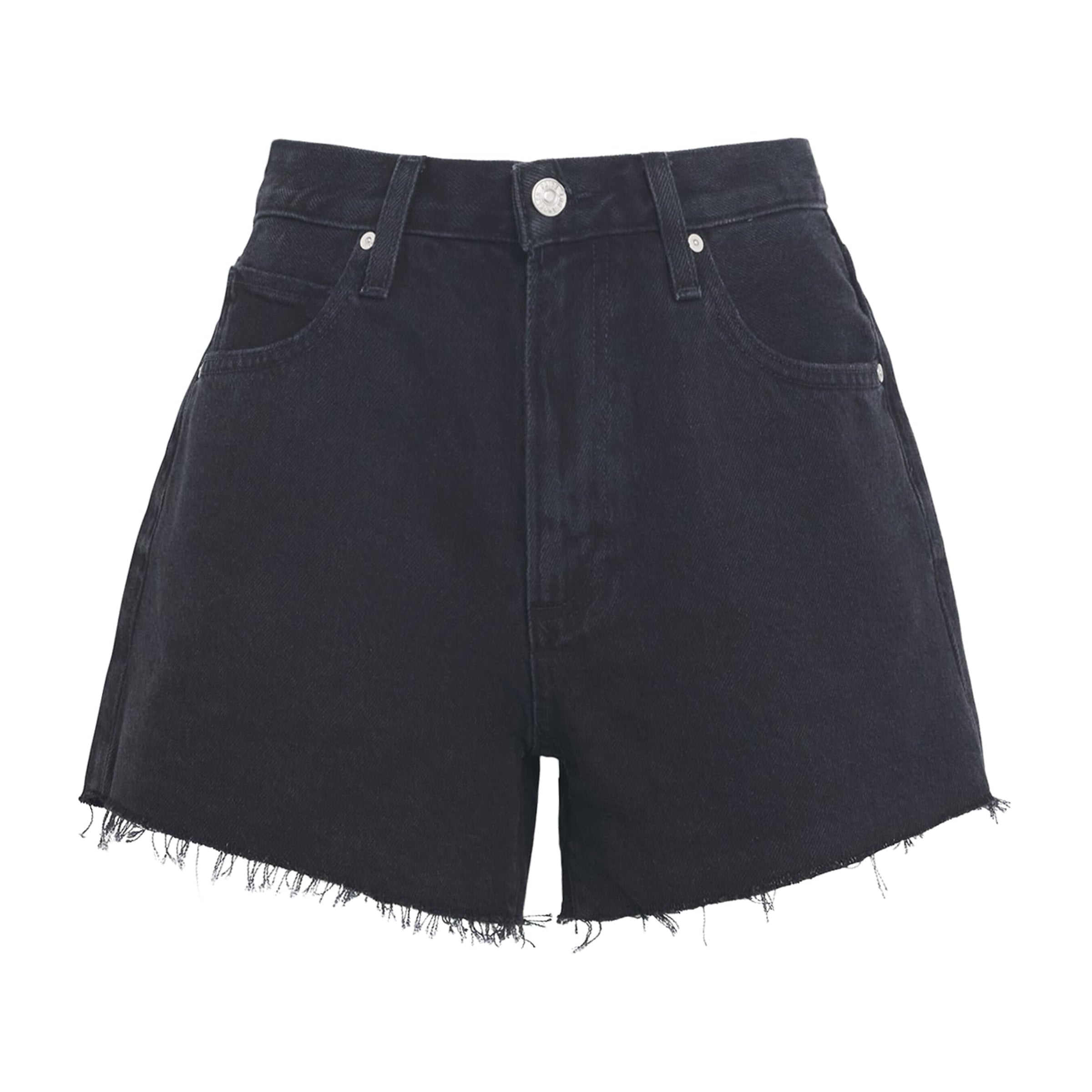 PAIGE Black Raw-Hem Archie Denim Shorts