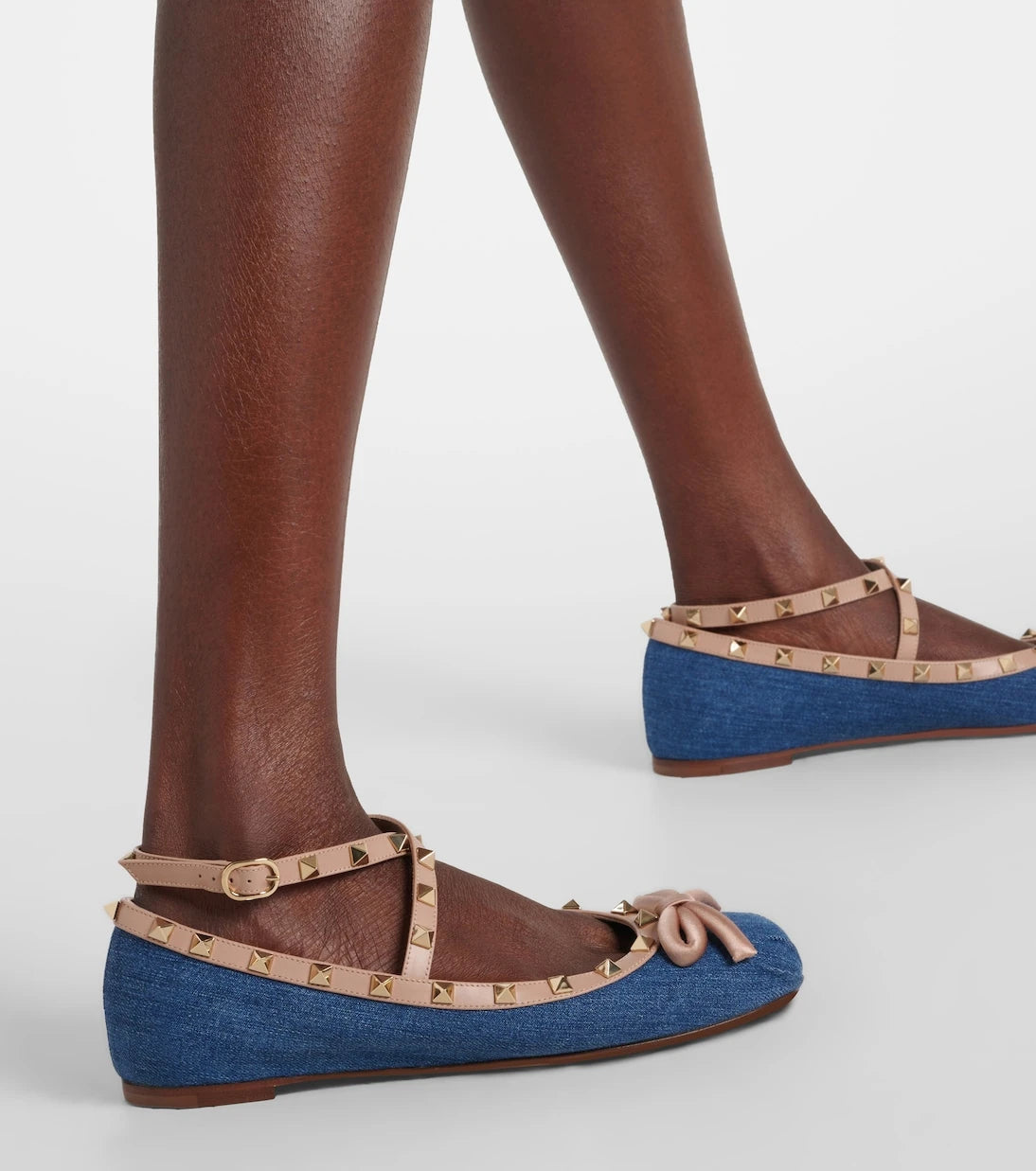 Valentino Garavani - Rockstud leather-trimmed denim ballet flats