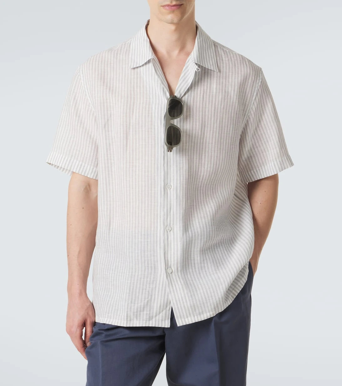 Brioni - قميص بولينج مخطط من الكتان