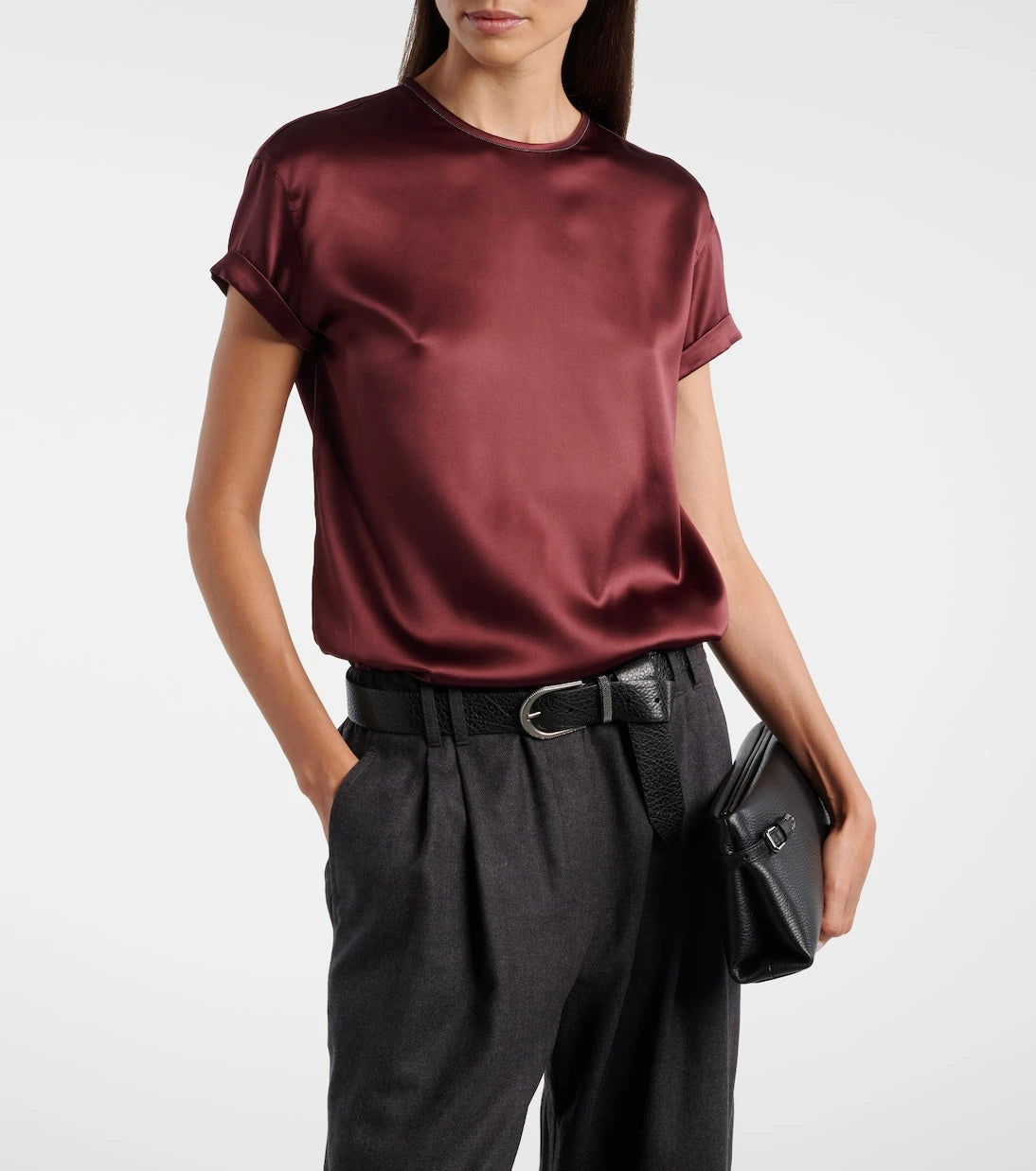 Brunello Cucinelli - Monili silk-blend satin T-shirt