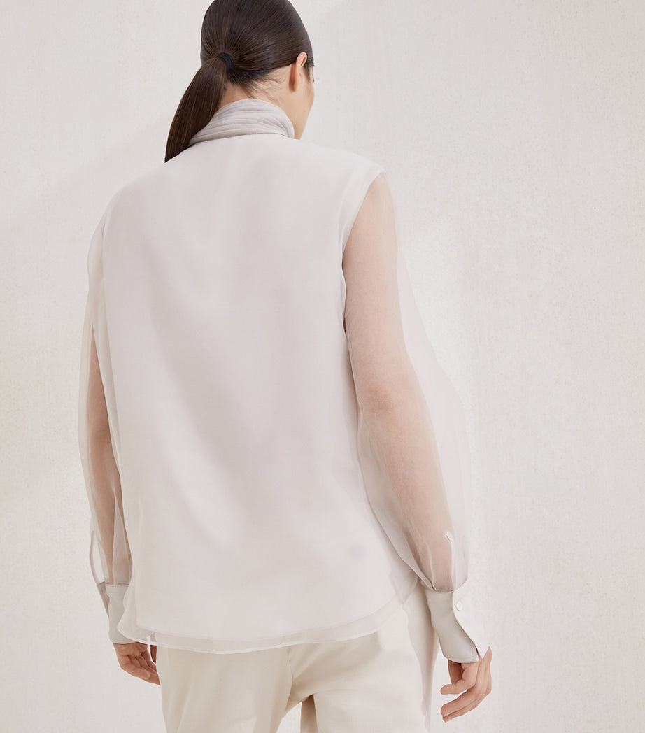 Brunello Cucinelli Beige Silk Pussybow Long-Sleeve Top