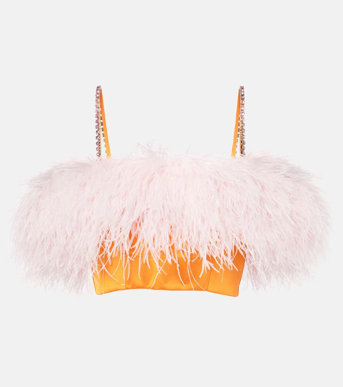 Self-Portrait - Feather-trimmed satin crop top