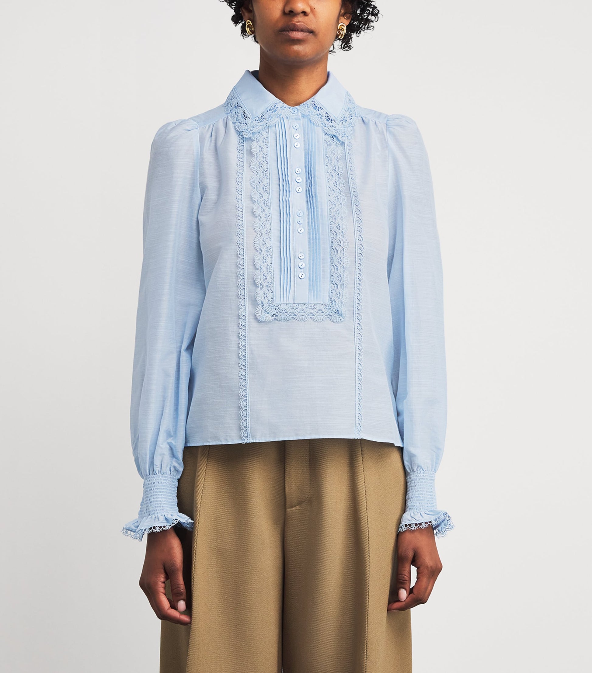 ME+EM Blue Silk-Cotton Lace-Trim Blouse