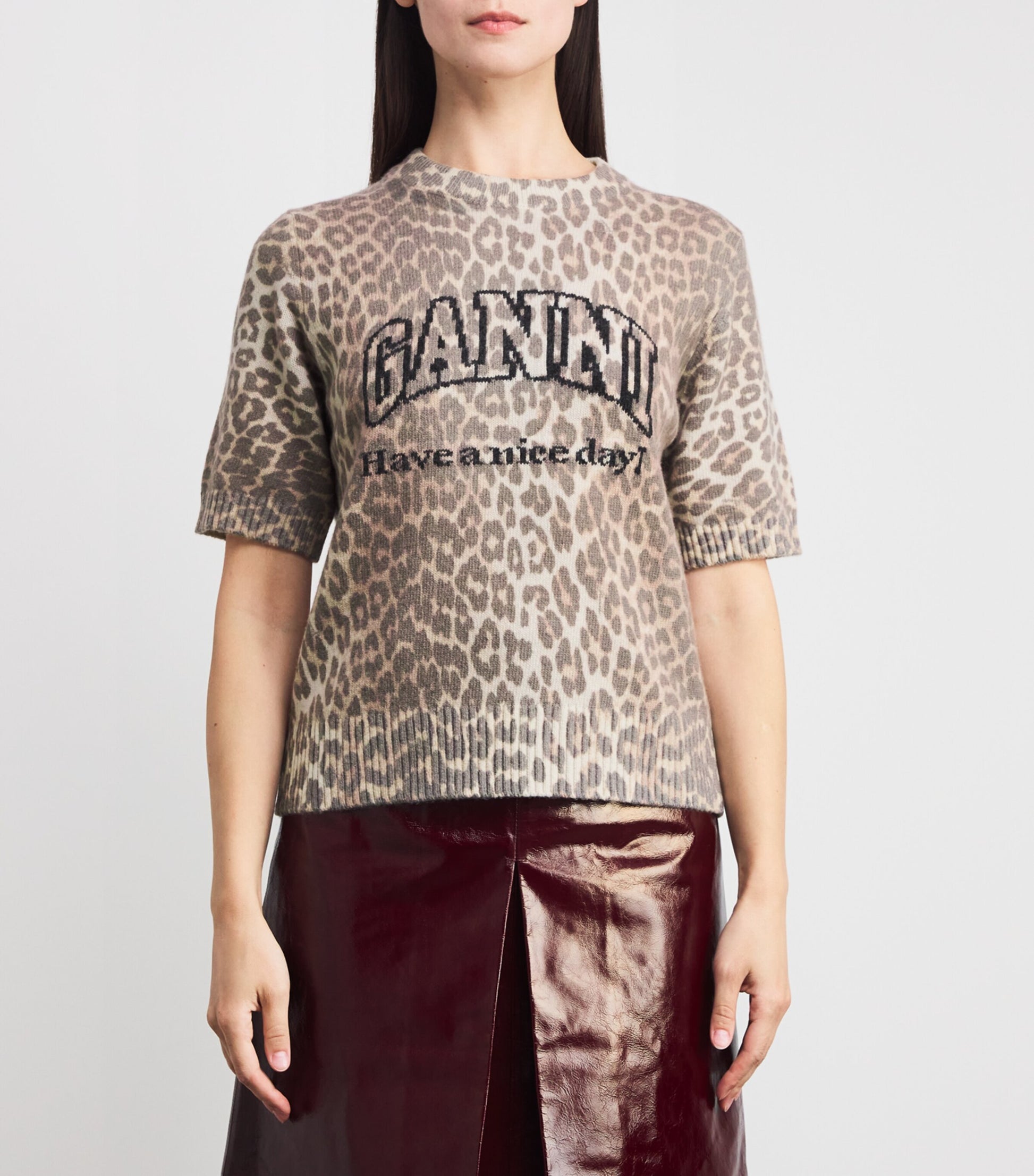 GANNI Multi Wool-Blend Leopard Print T-Shirt